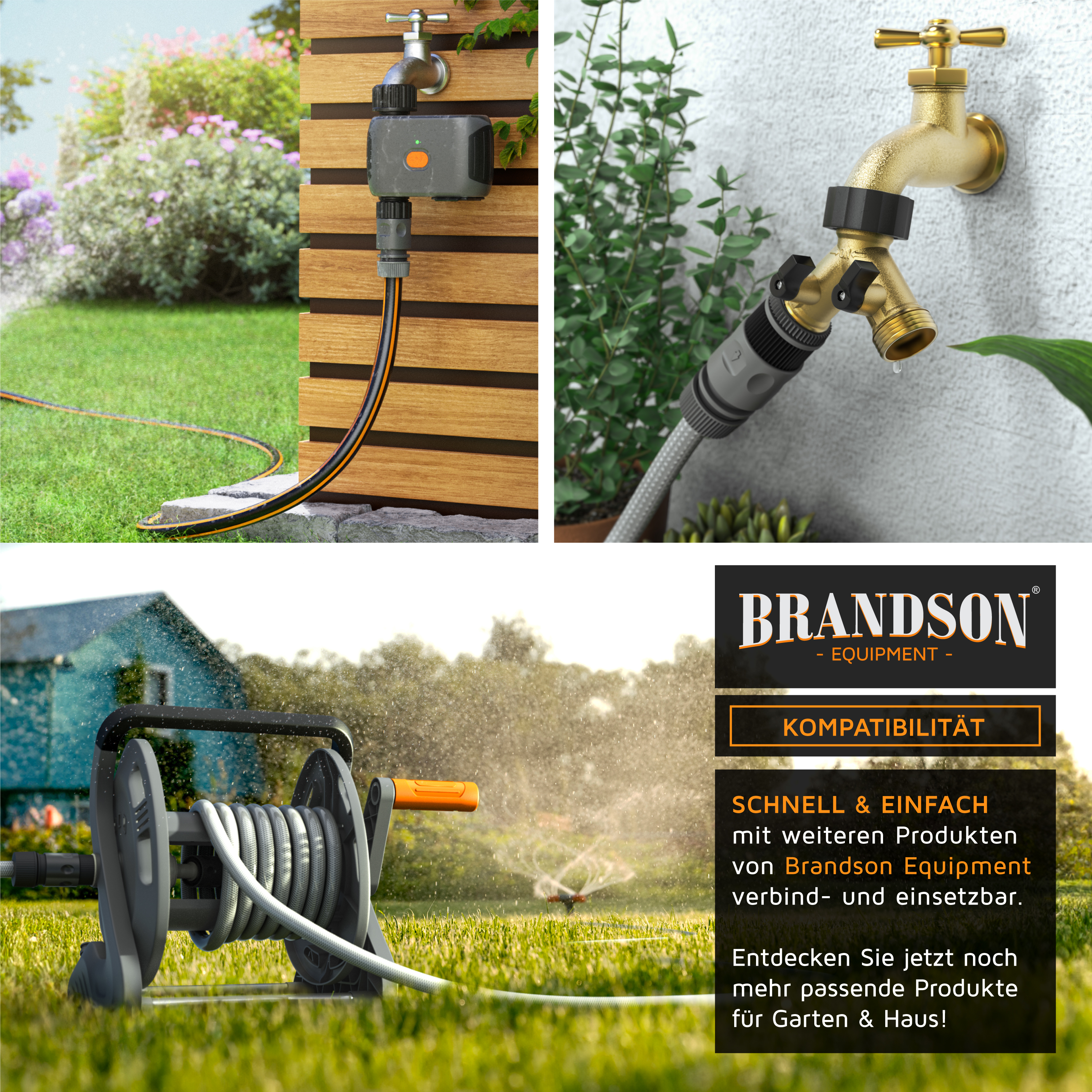 Brandson Bewässerungssystem mit grauem Wasseranschluss und flexibler Schlauchverbindung in einem Garten mit Pflanzen.