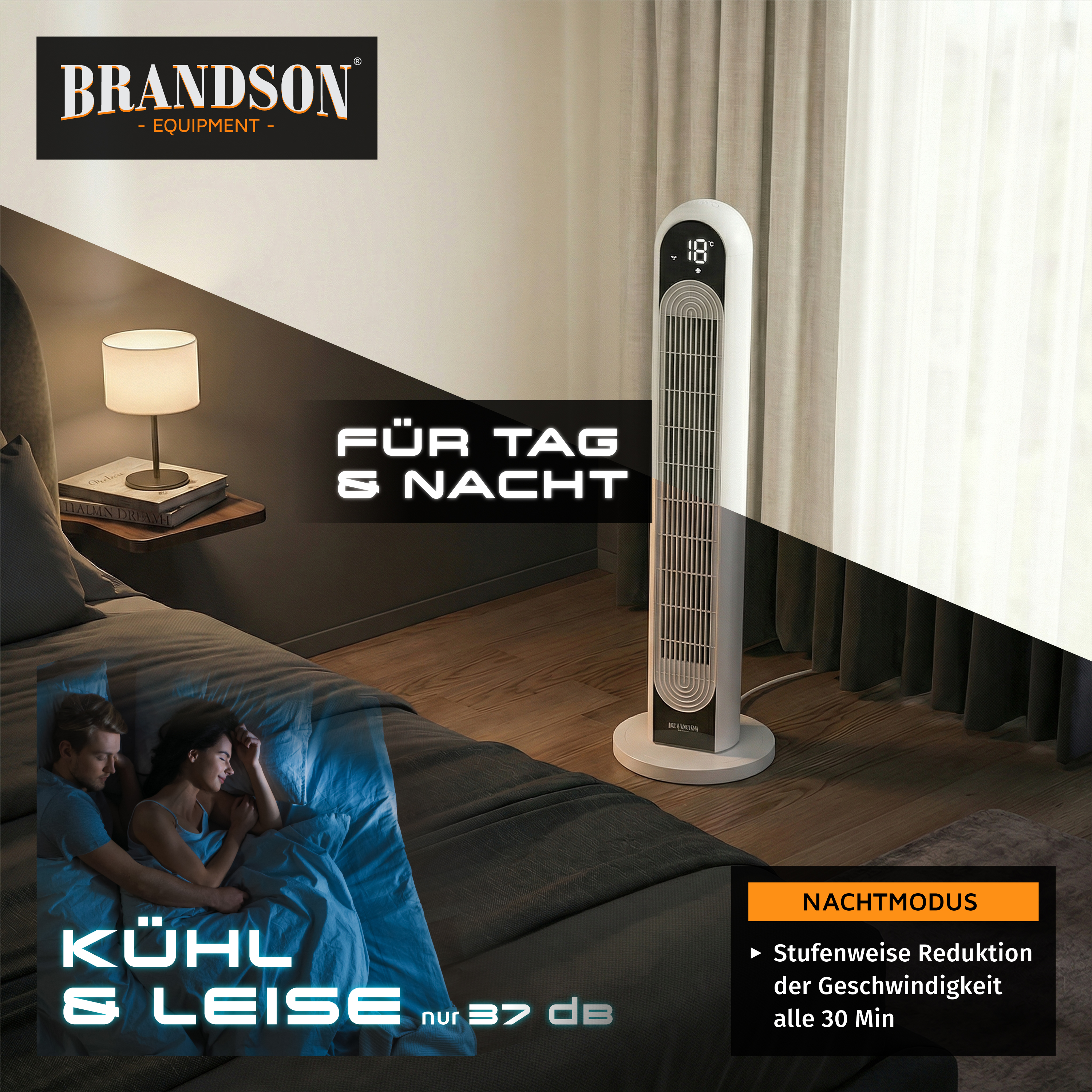 Brandson Turmventilator mit elegantem Design, weißer Farbe, Digitalanzeige und Fernbedienung, platziert in einem gemütlichen Schlafzimmerambiente.