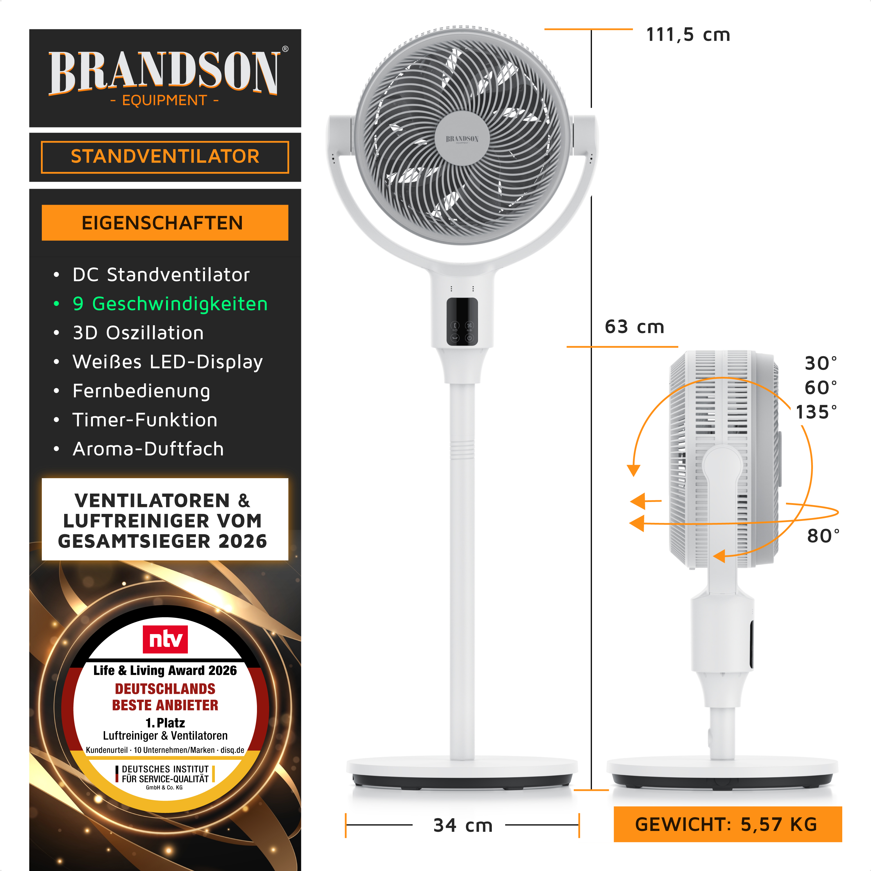 Standventilator von Brandson mit elegantem weißem Design, LED-Anzeige, Fernbedienung und einstellbarer Höhe für optimale Luftzirkulation.