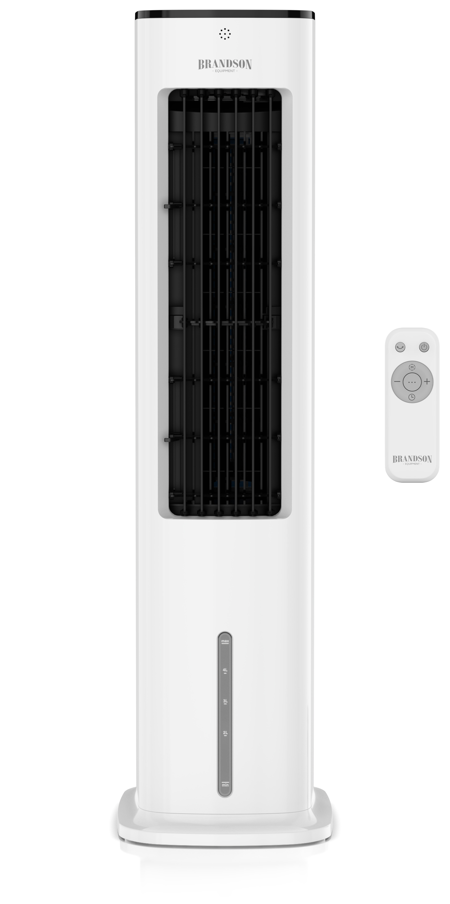 Brandson Turmventilator in Weiß mit schwarzem Frontgitter, Fernbedienung und Touchpanel für einfache Bedienung.