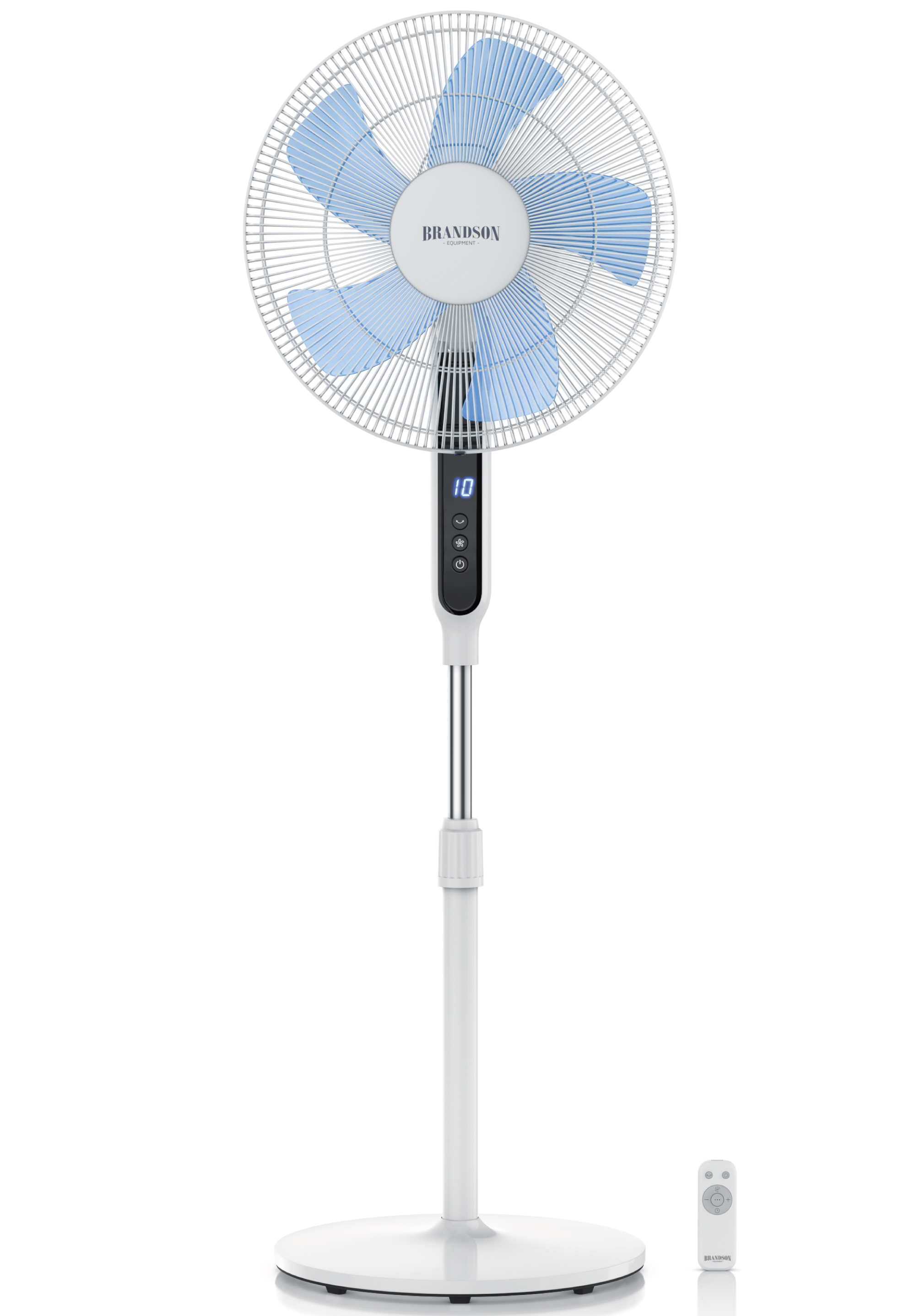 Standventilator von Brandson mit elegantem weißem Design, blauen Flügeln, Digitalanzeige und Fernbedienung, ideal zum Kühlen von Innenräumen.