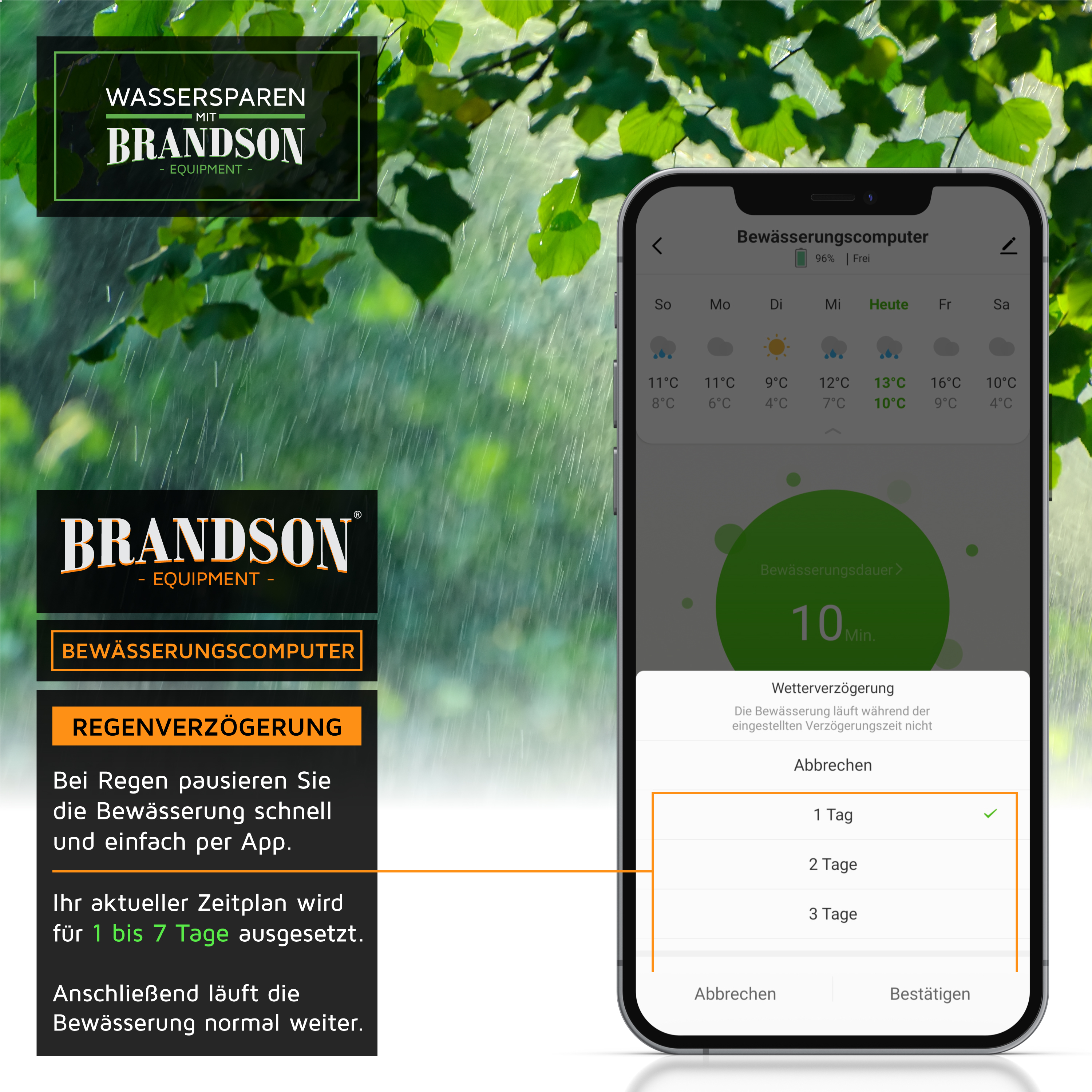 Brandson Bewässerungscomputer auf einem Smartphone mit App-Interface zur Regenverzögerung und Wettervorhersage.