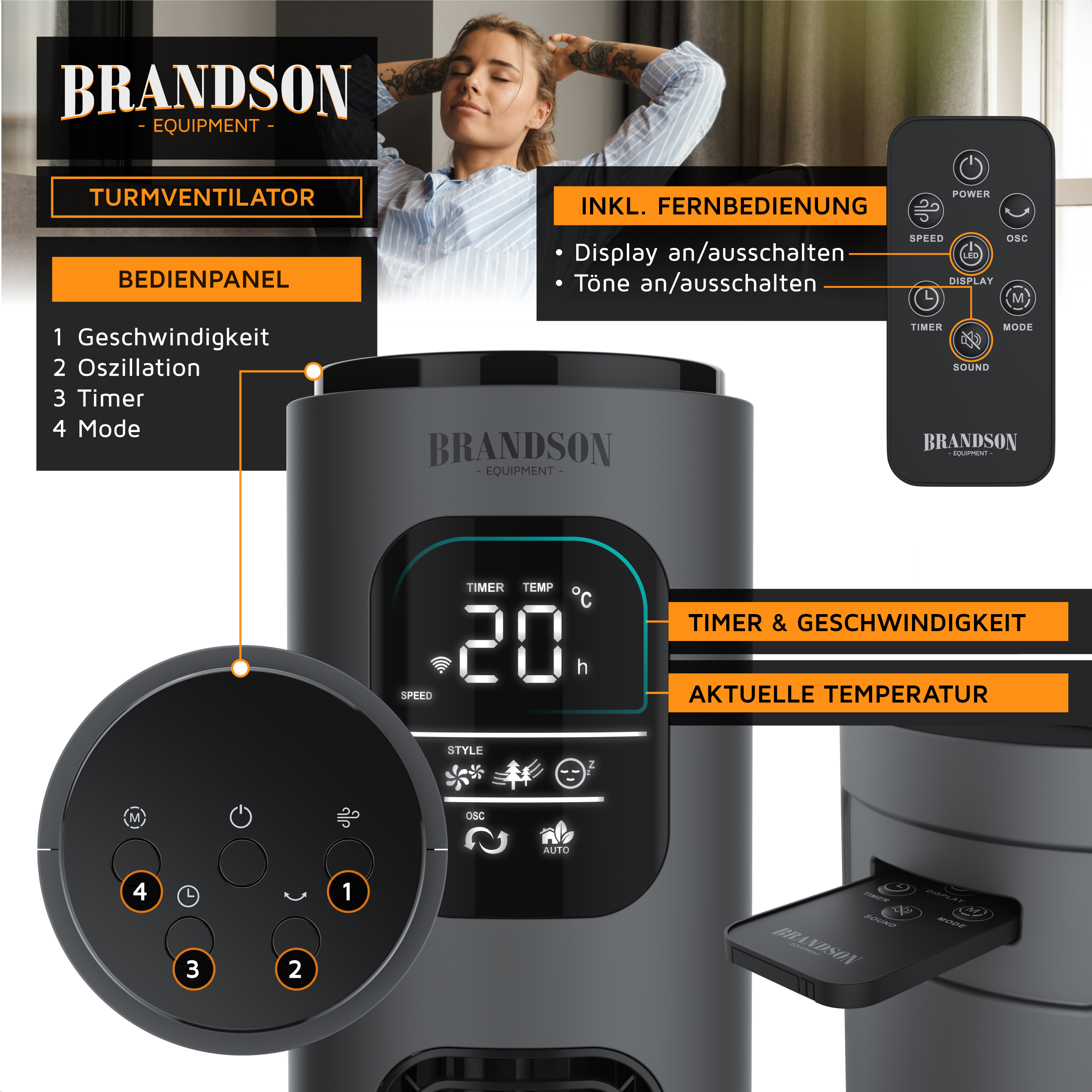 Brandson Turmventilator mit schwarzem Gehäuse, digitalem Display, Bedienfeld und Fernbedienung für einfache Steuerung.