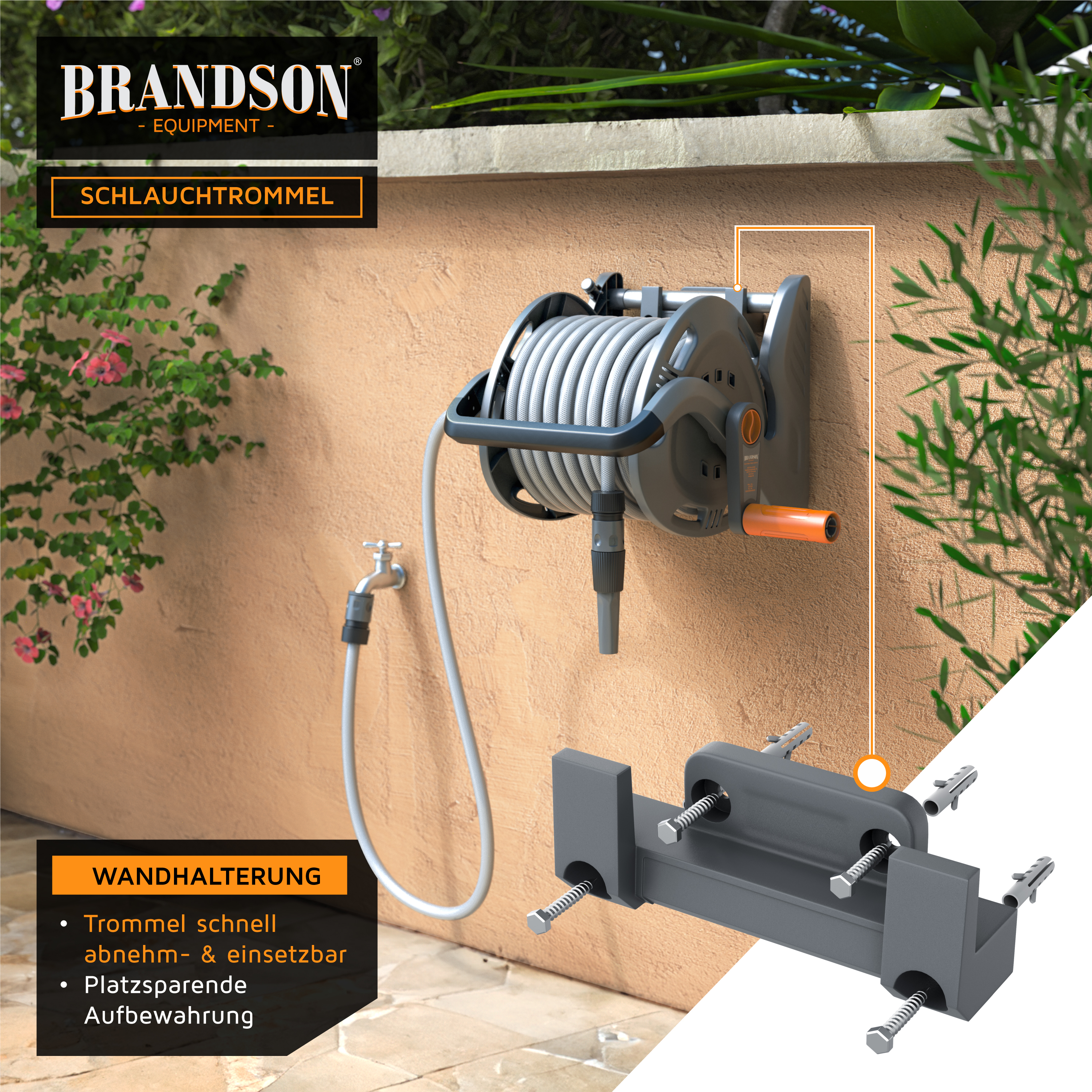 Brandson Schlauchrolle mit grauem Schlauch, Wandmontage, ergonomischem Griff und Schnellverschluss für einfache Handhabung.