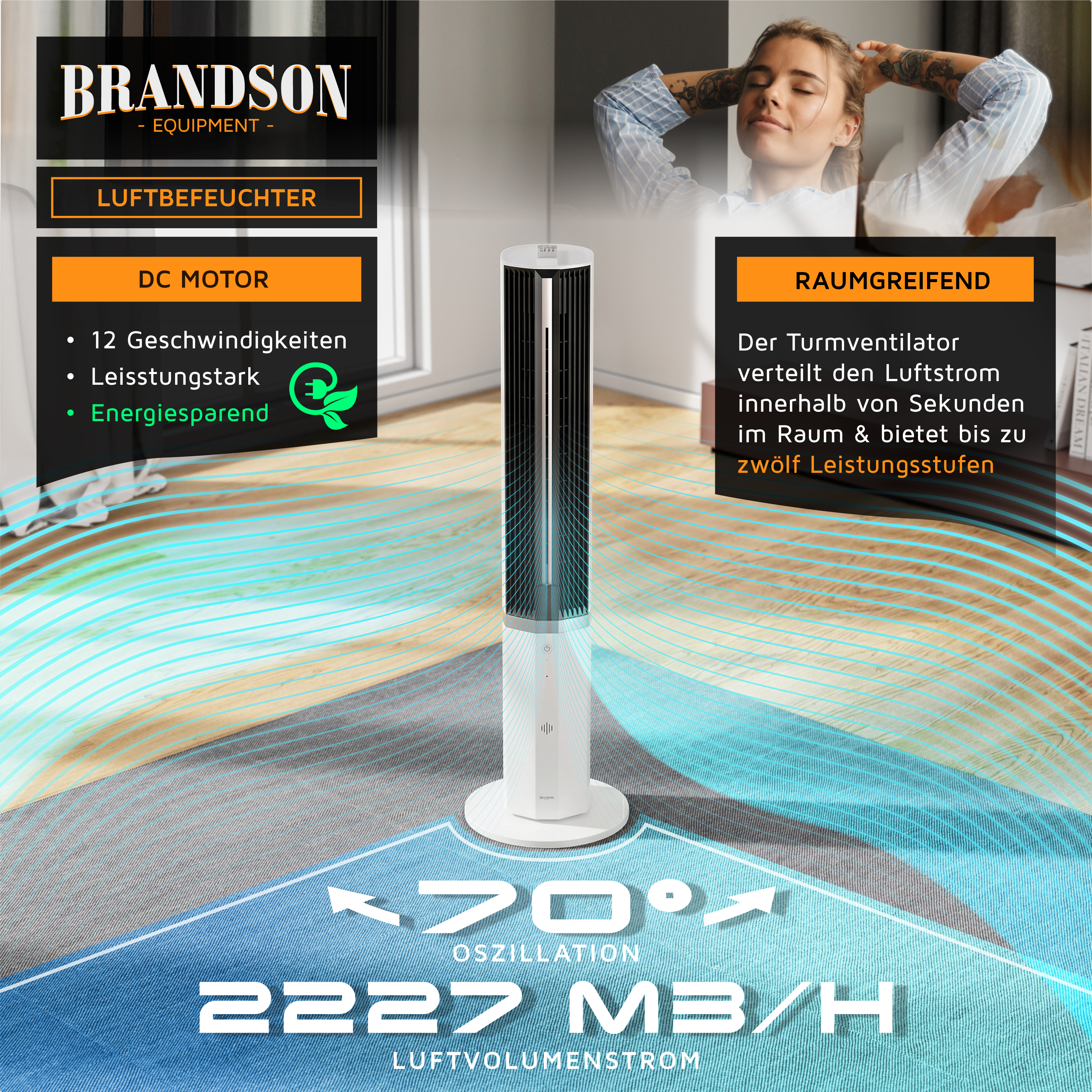 Brandson Turmventilator in Weiß mit schwarzem Gitter, DC-Motor, 12 Geschwindigkeitsstufen und Fernbedienung, ideal für die Raumkühlung.