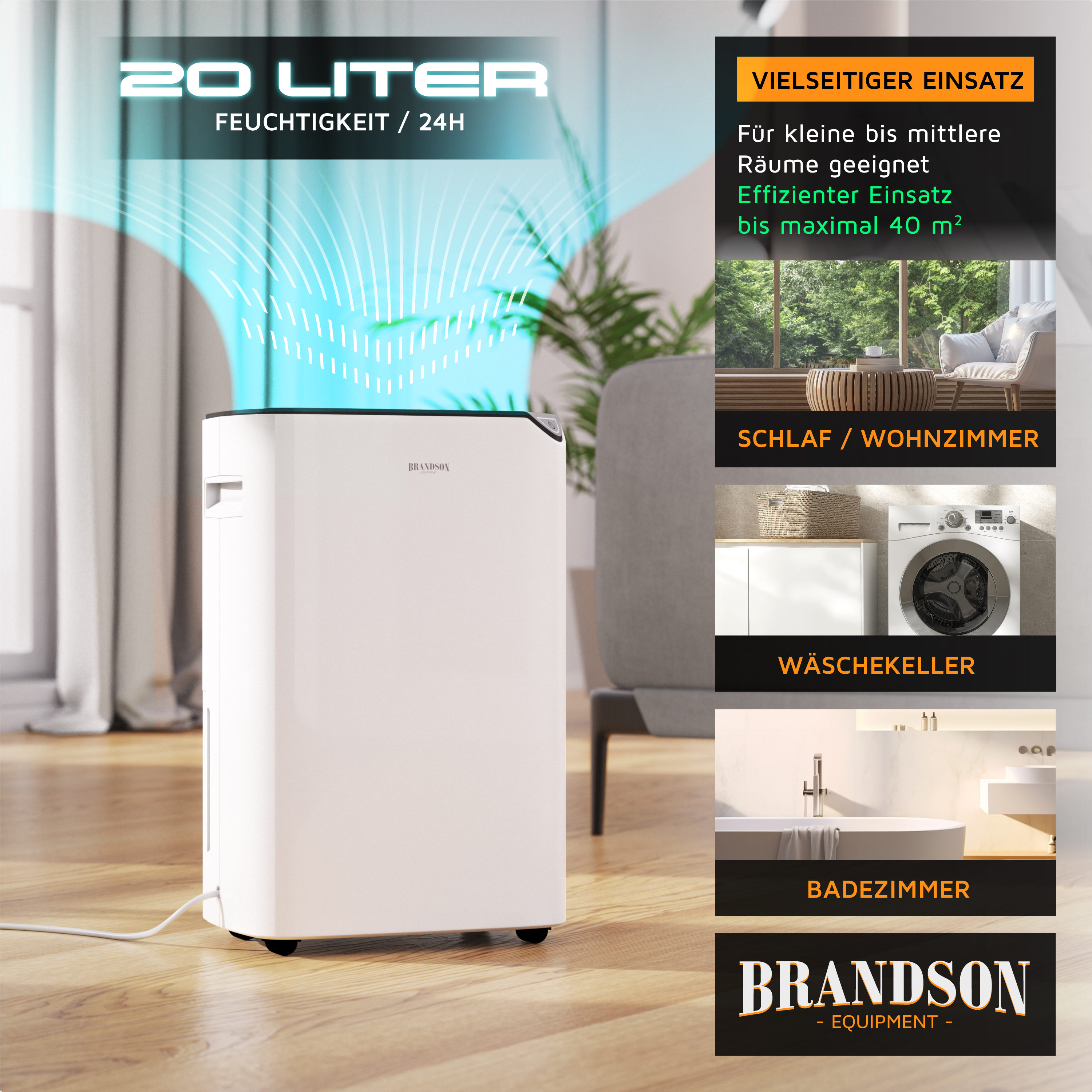 Brandson Luftentfeuchter in Weiß mit einem kompakten Design, geeignet für kleine bis mittlere Räume, sichtbar in einem Wohnraum.