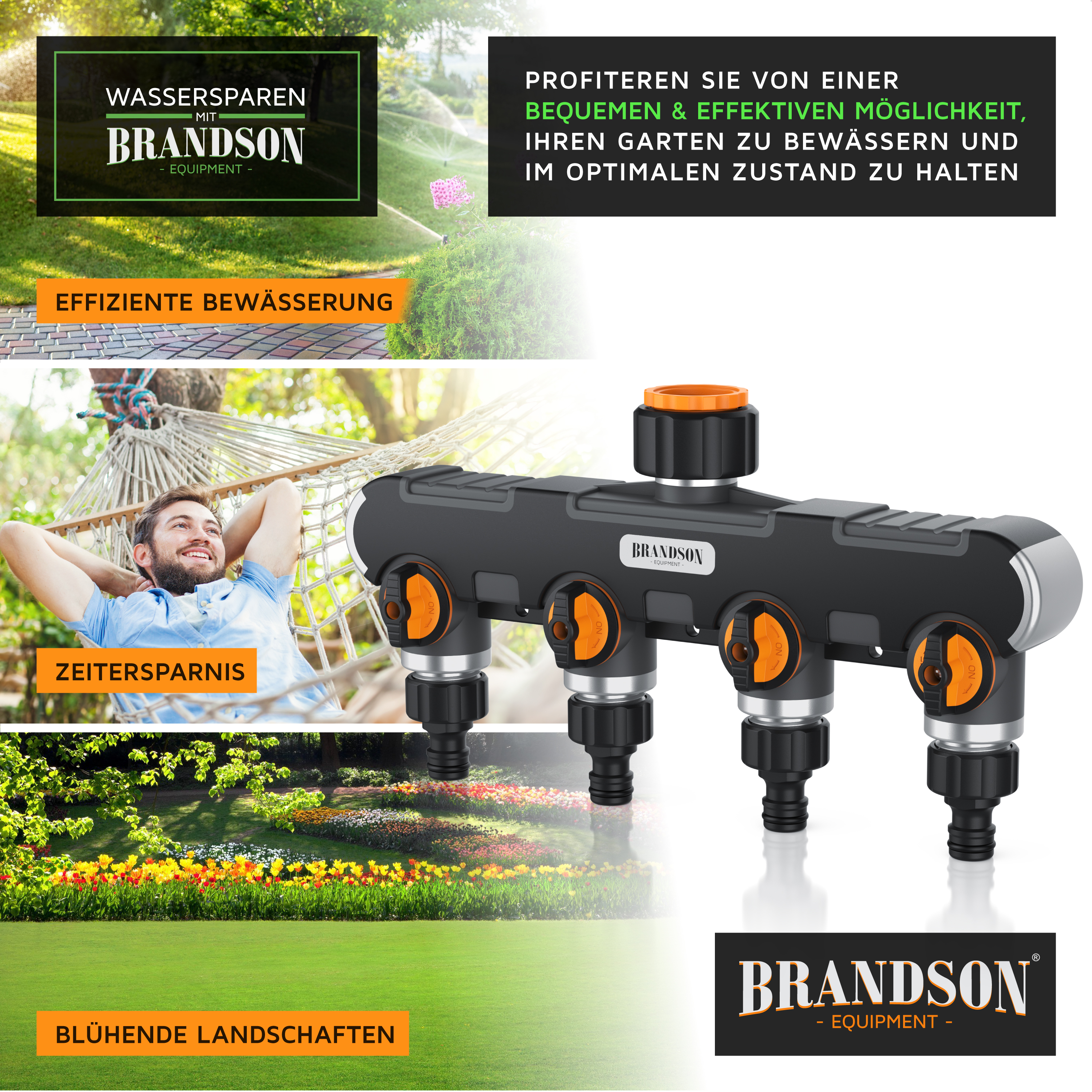Brandson Bewässerungsgerät mit mehreren Anschlüssen, schwarzem Kunststoffkörper und orangefarbenen Bedienelementen, ideal für die Gartenbewässerung.