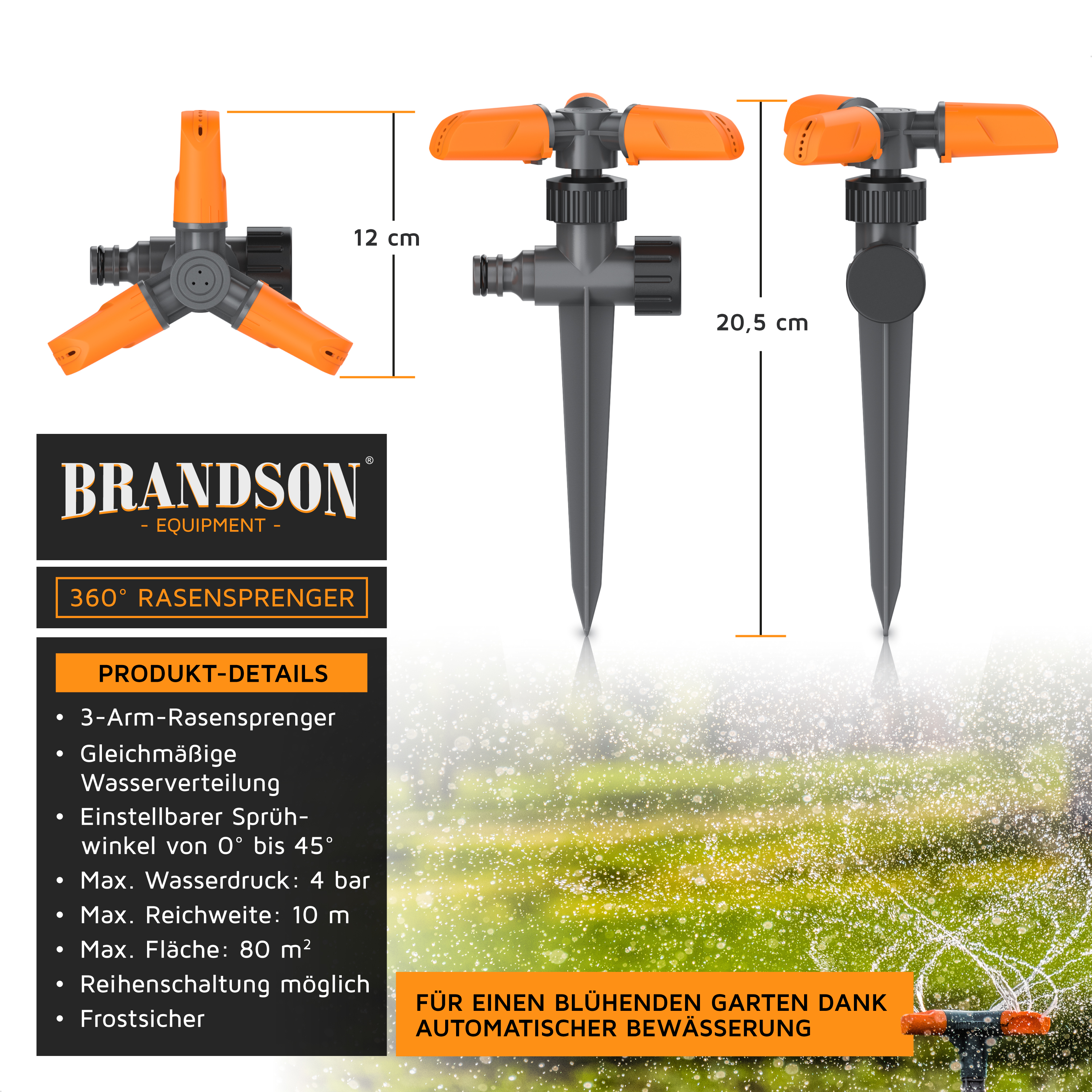 Brandson 360°-Rasensprinkler mit drei Armen, orange und grau, verstellbarem Sprühwinkel und Erdspieß.