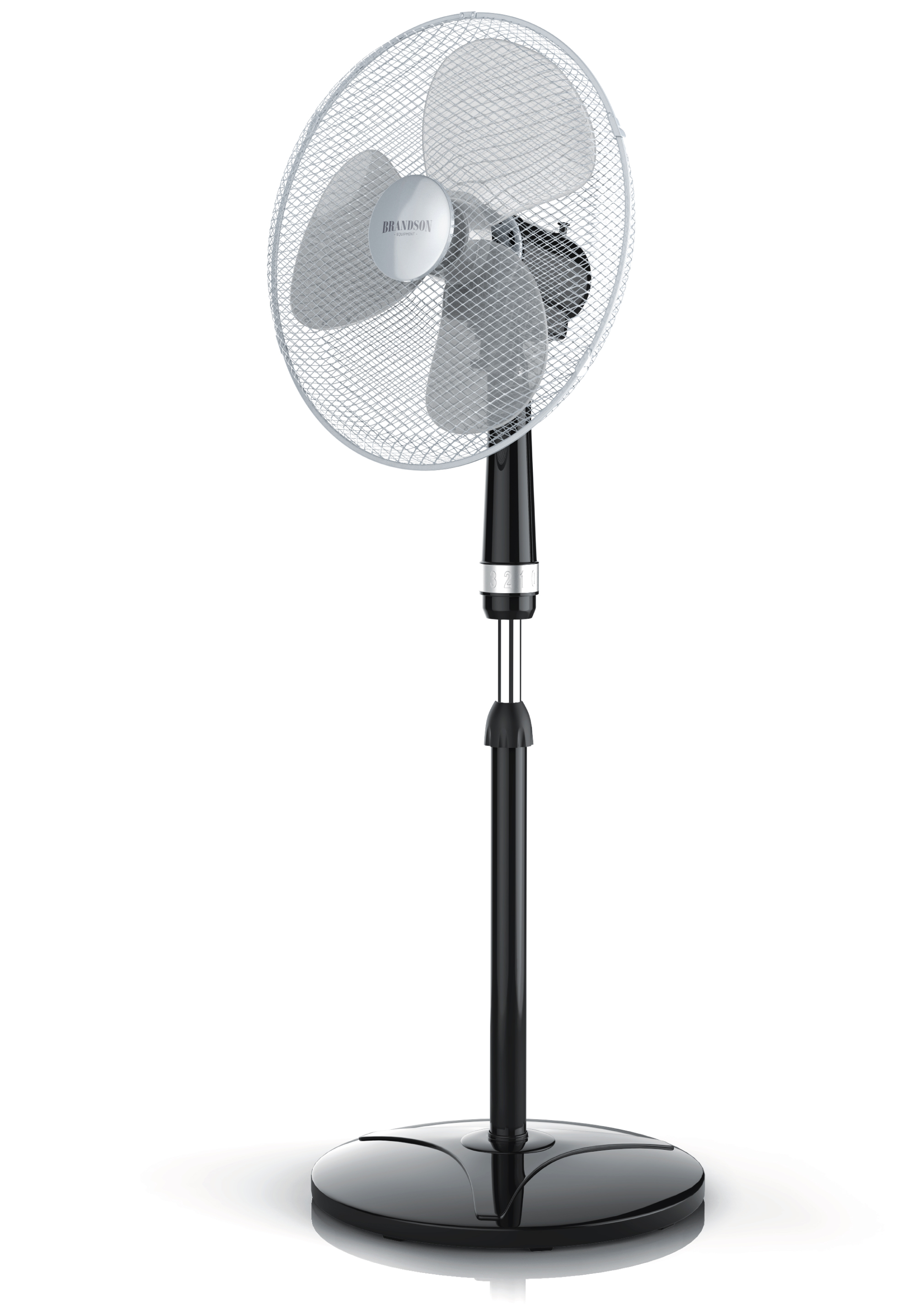 Brandson Standventilator in Schwarz mit verstellbarem Standfuß, Metallgitter und drei Kunststoffblättern für optimale Luftzirkulation.