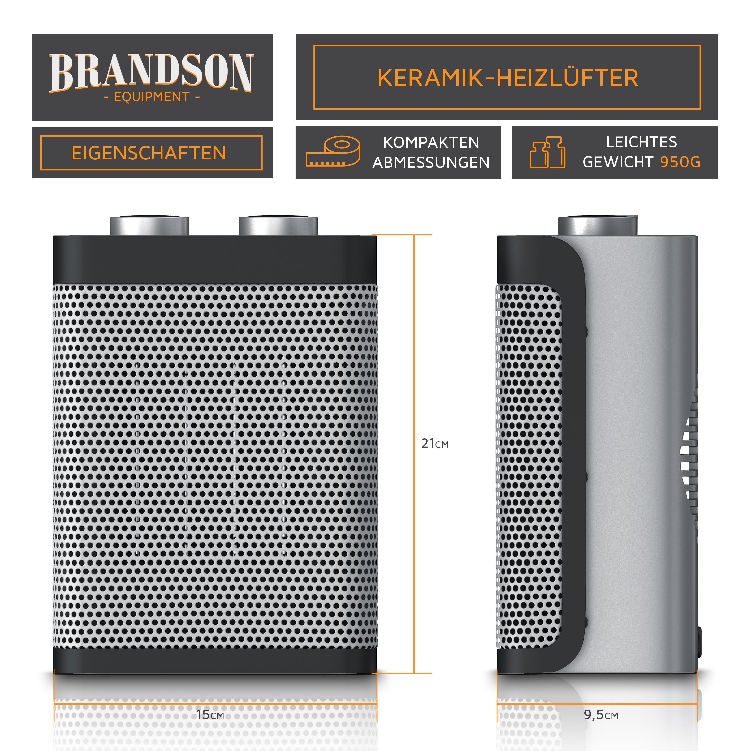 Brandson Keramik-Heizlüfter in kompaktem Design, schwarz und silber, mit Bedienelementen oben und seitlichem Luftauslass.