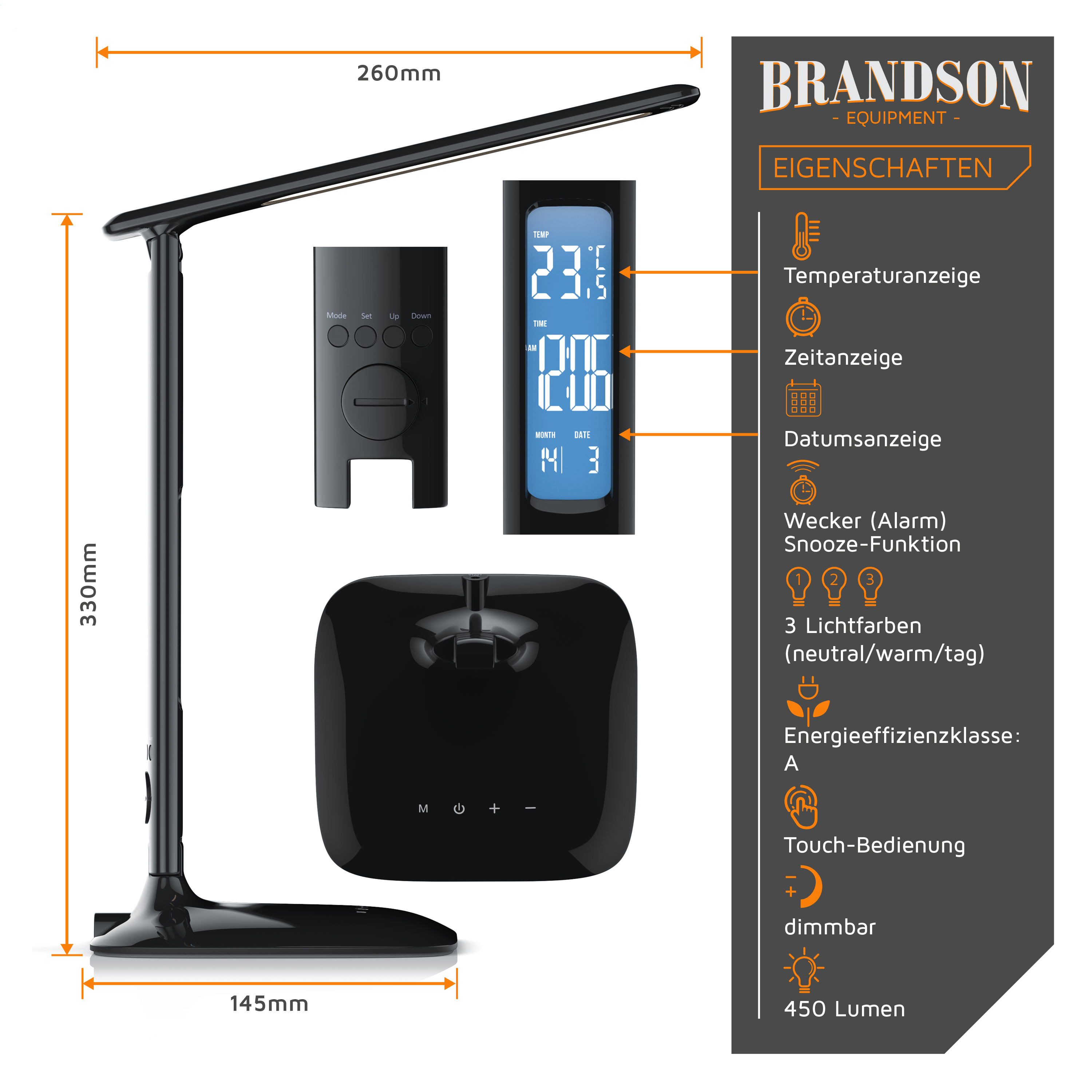 Brandson-Schreibtischlampe mit elegantem schwarzem Design, digitalem Display mit Temperatur- und Zeitanzeige, Touch-Bedienelementen und einem modernen Sockel.