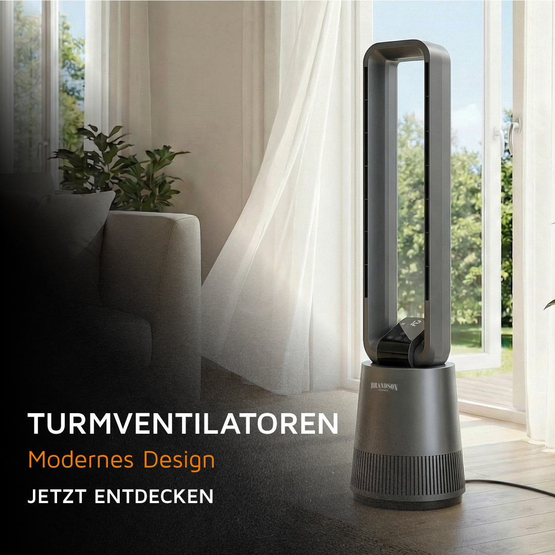 Brandson Turmventilator im modernen Design, graues Gehäuse mit transparentem Luftauslass, Bedienfeld und Kabel sichtbar.