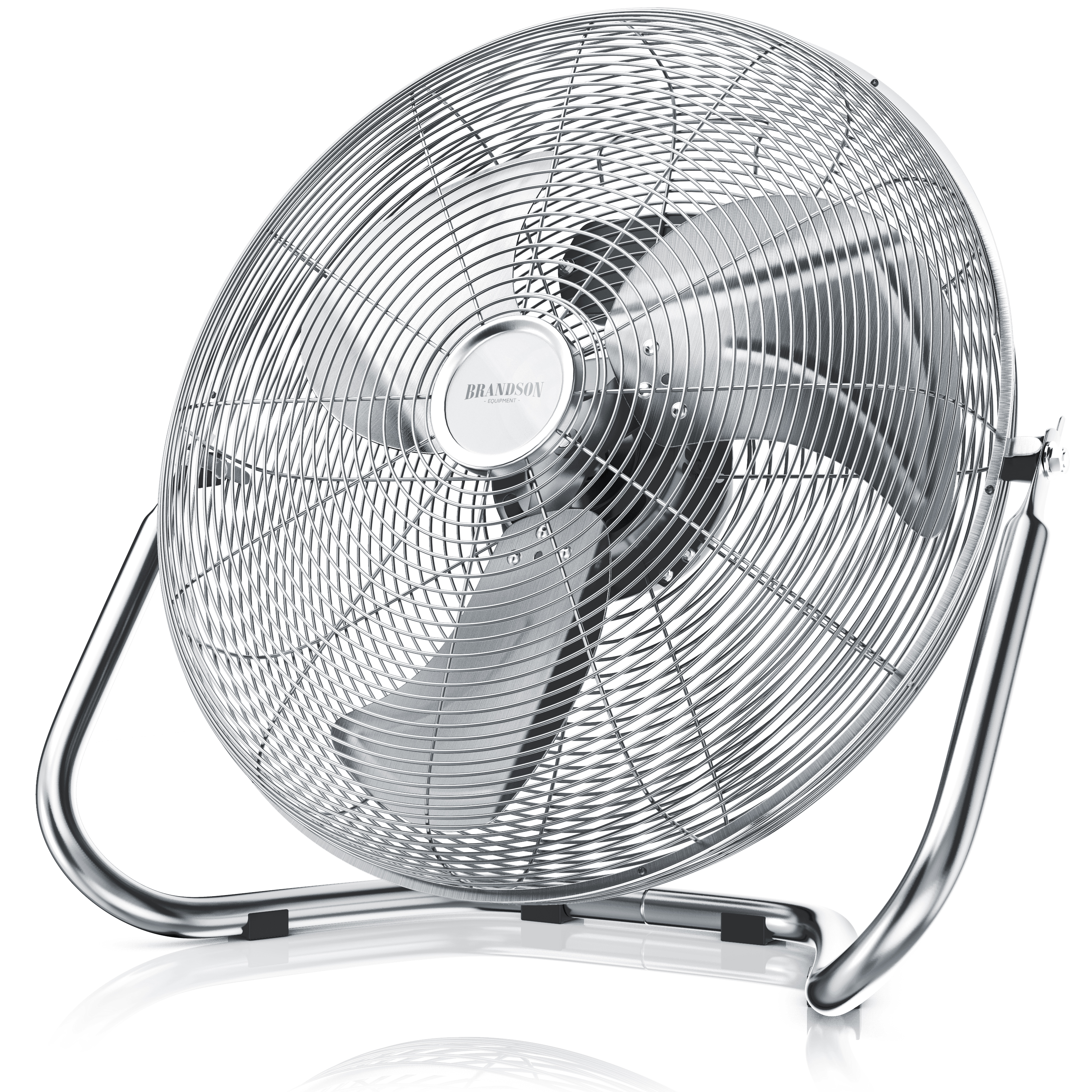 Brandson Standventilator mit verchromtem Metallgehäuse, stabiler Basis und sichtbarem Bedienfeld für einfache Nutzung.