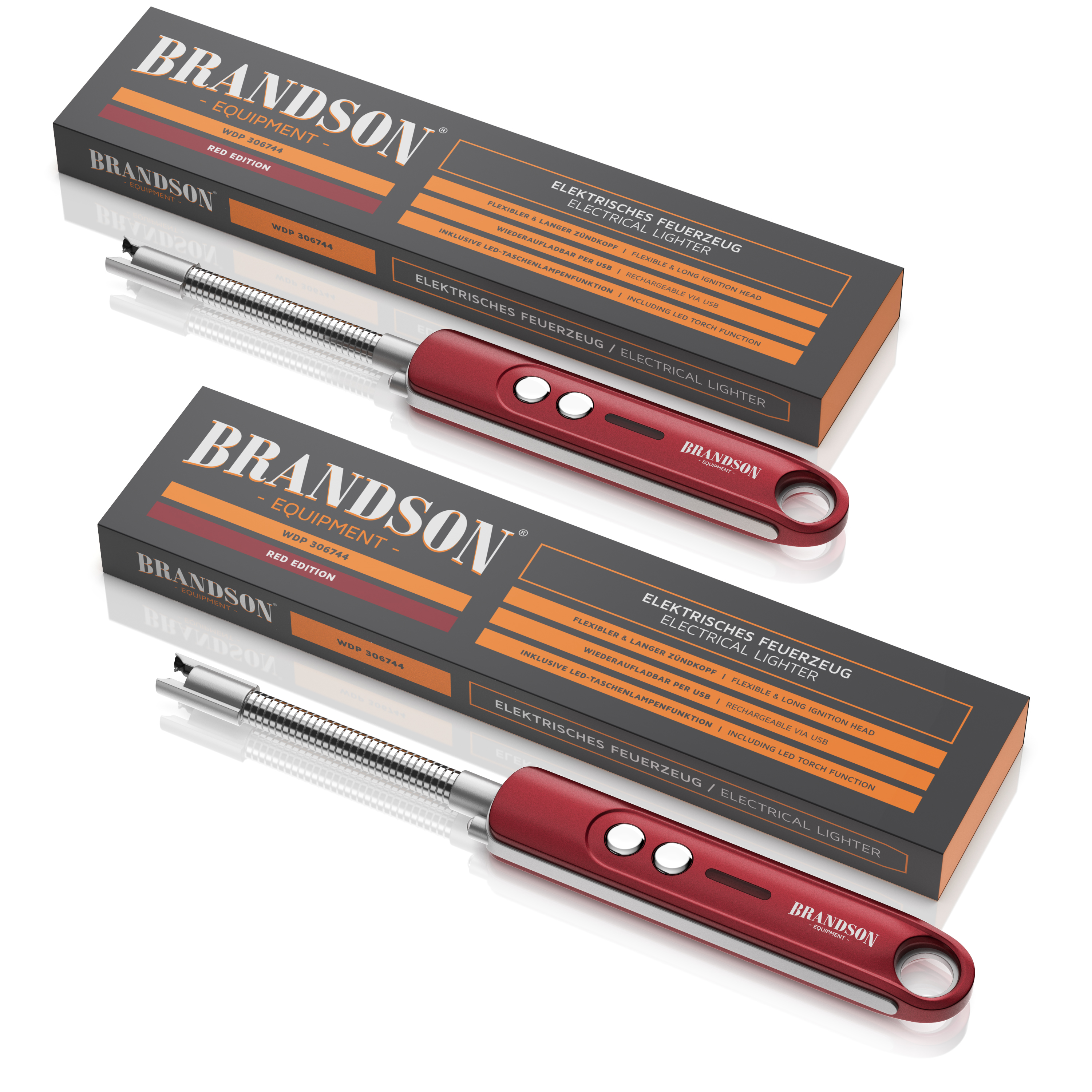 Elektrisches Feuerzeug von Brandson in Rot mit flexiblem Zündkopf, zwei Knöpfen und Verpackung, ideal zum Anzünden von Kerzen oder Grills.