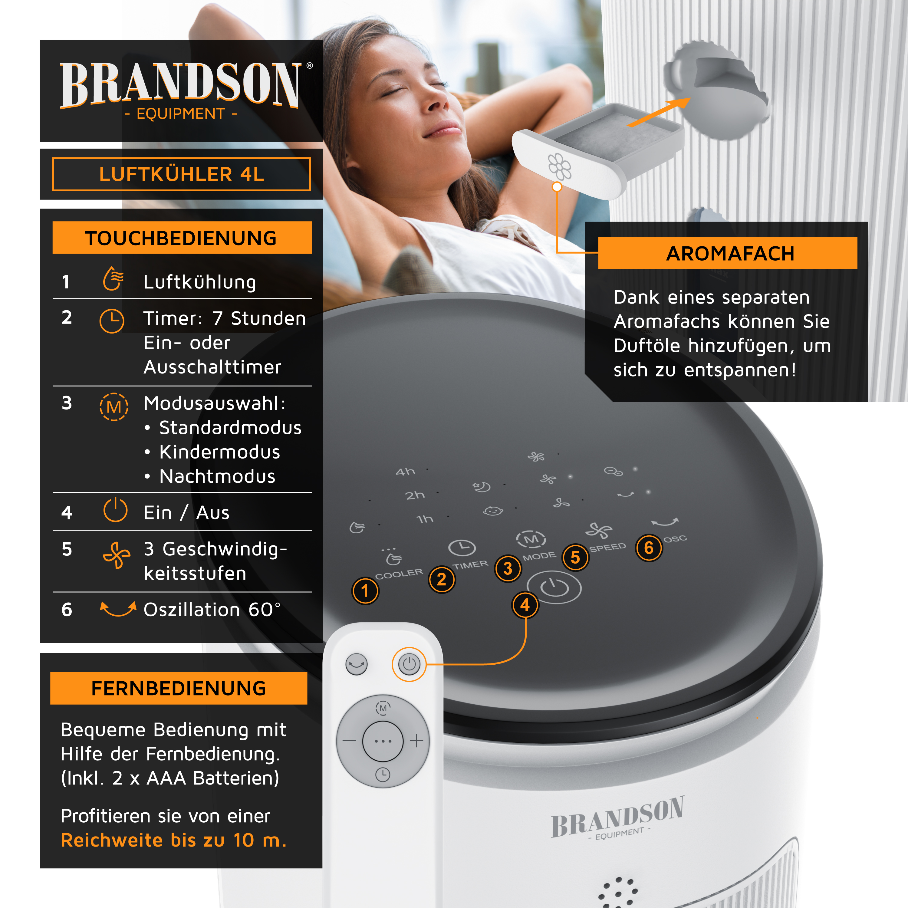 Brandson Luftkühler 4L mit Touchbedienung, Aromafach, Fernbedienung und drei Geschwindigkeitsstufen für eine angenehme Raumklimatisierung.