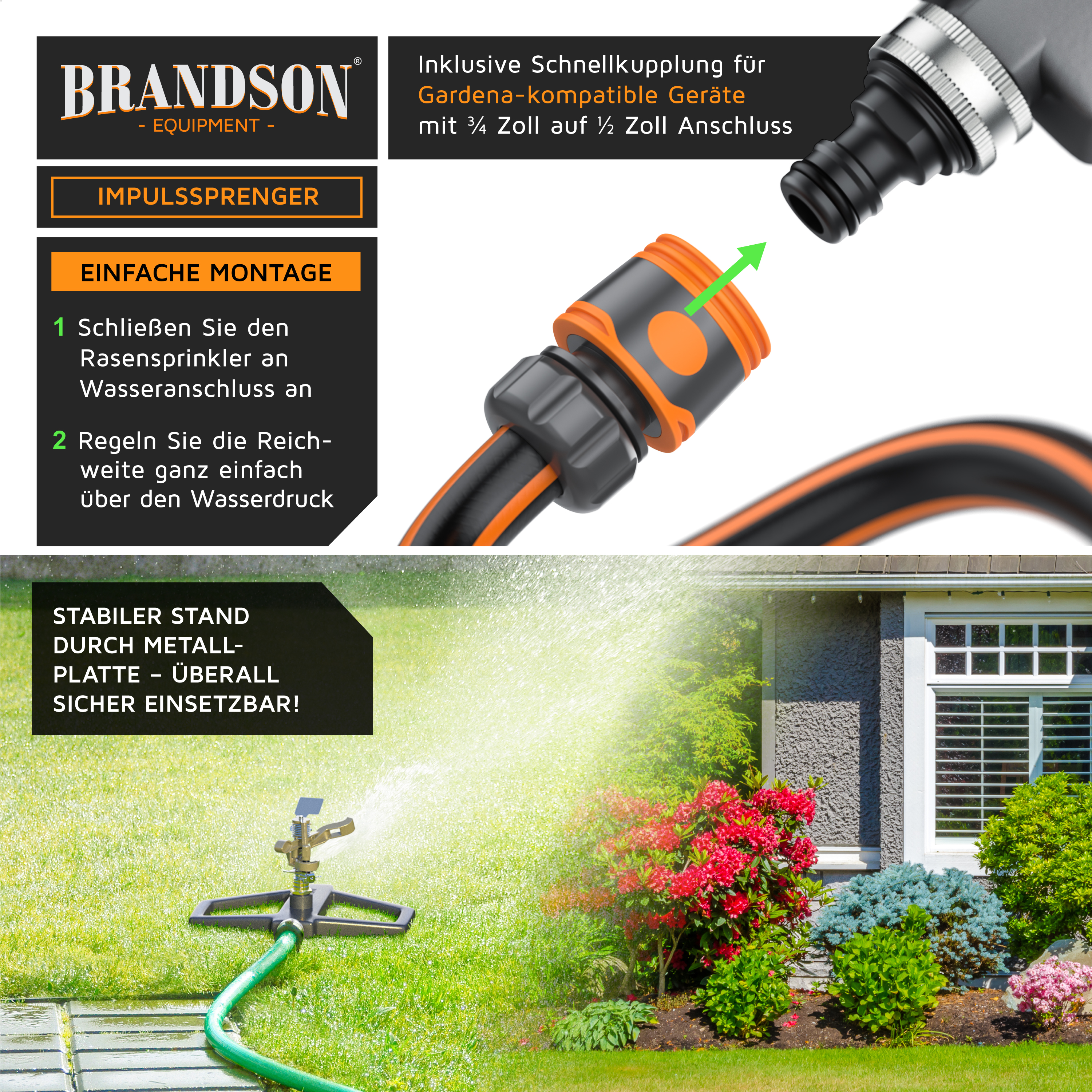 Brandson Impulsregner mit Schnellkupplung für Gardena-kompatible Geräte, mit stabilem Metallfuß und einstellbarer Sprühweite.