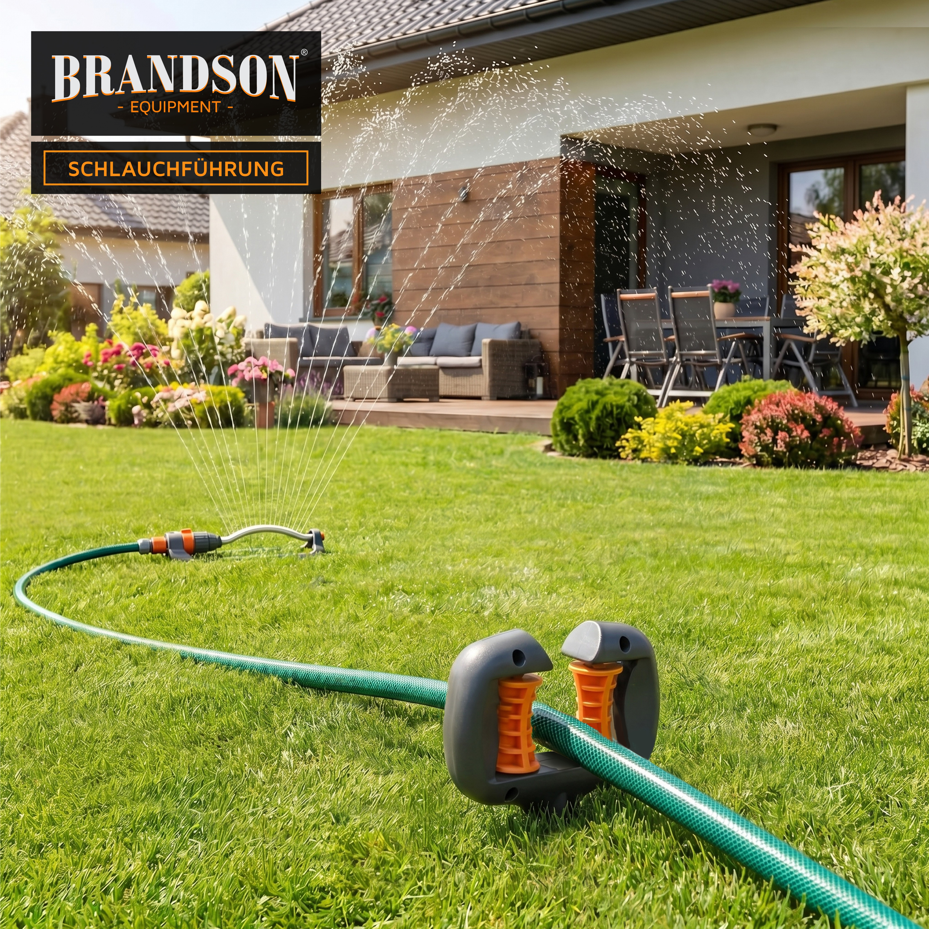 Brandson Schlauchführung mit grünem Gartenschlauch und Sprühdüsen, platziert auf einem gepflegten Rasen vor einem modernen Haus.