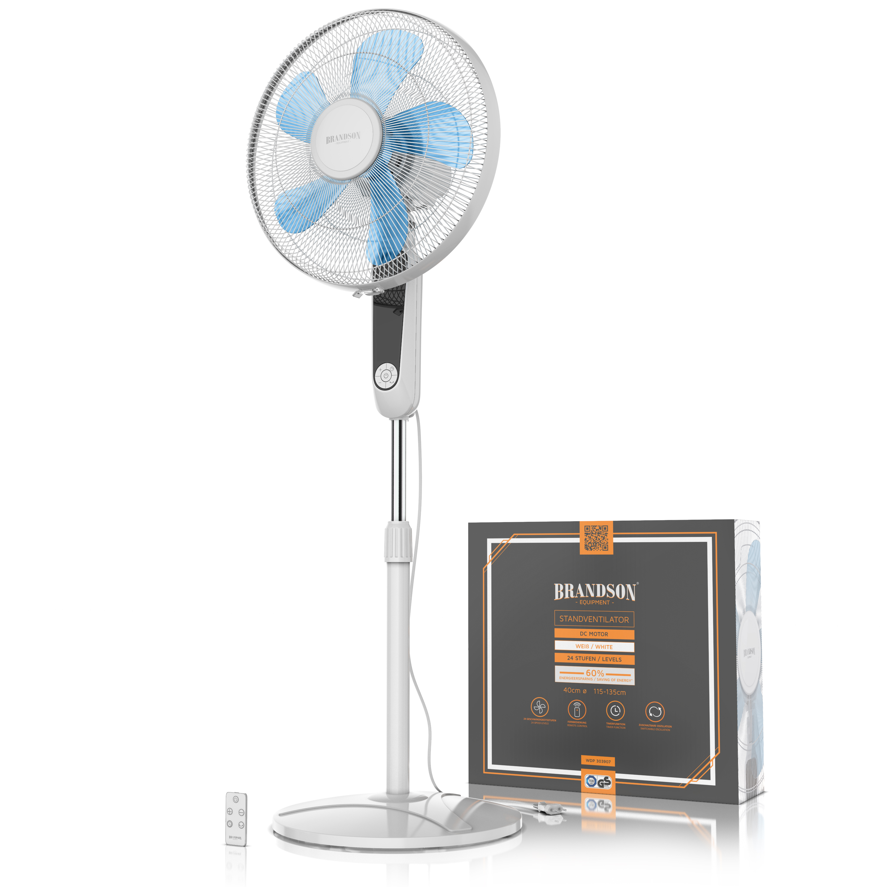Brandson Standventilator in Weiß mit blauen Lüfterblättern, höhenverstellbar, inklusive Fernbedienung und Verpackung.