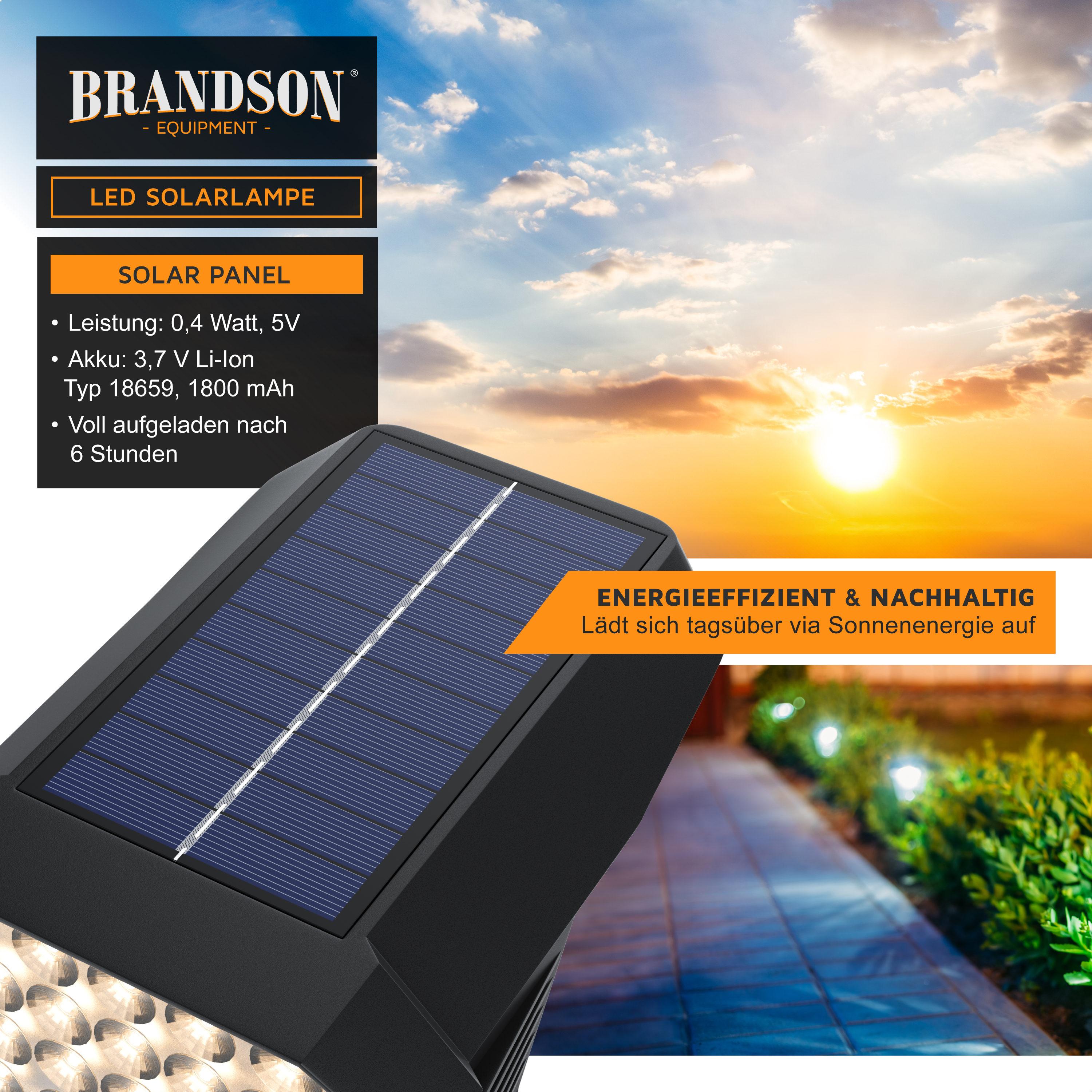 Brandson LED-Solarlampe mit Solarpanel, schwarzem Gehäuse und hellen LED-Leuchten, geeignet für den Außenbereich.