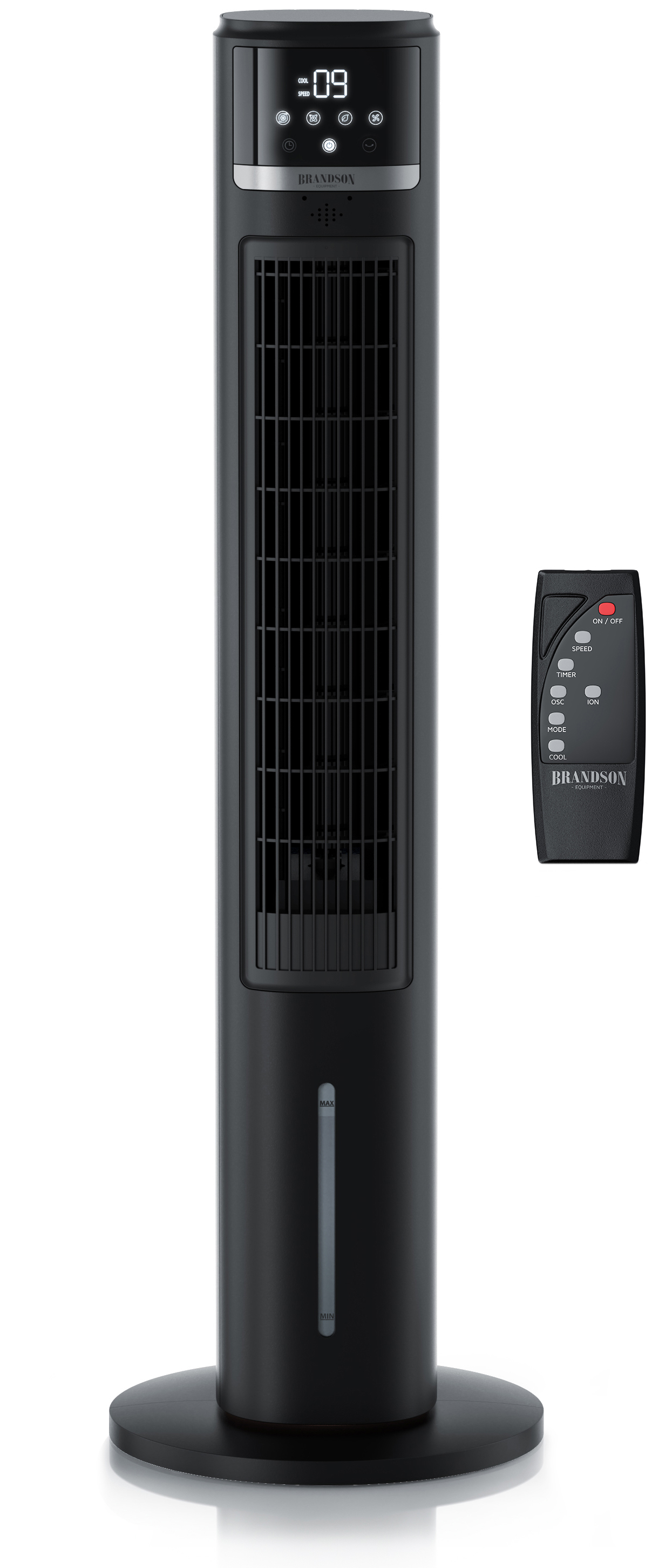 Brandson Turmventilator in Schwarz mit Digitalanzeige und Fernbedienung, elegantem Design und stabilem Sockel.