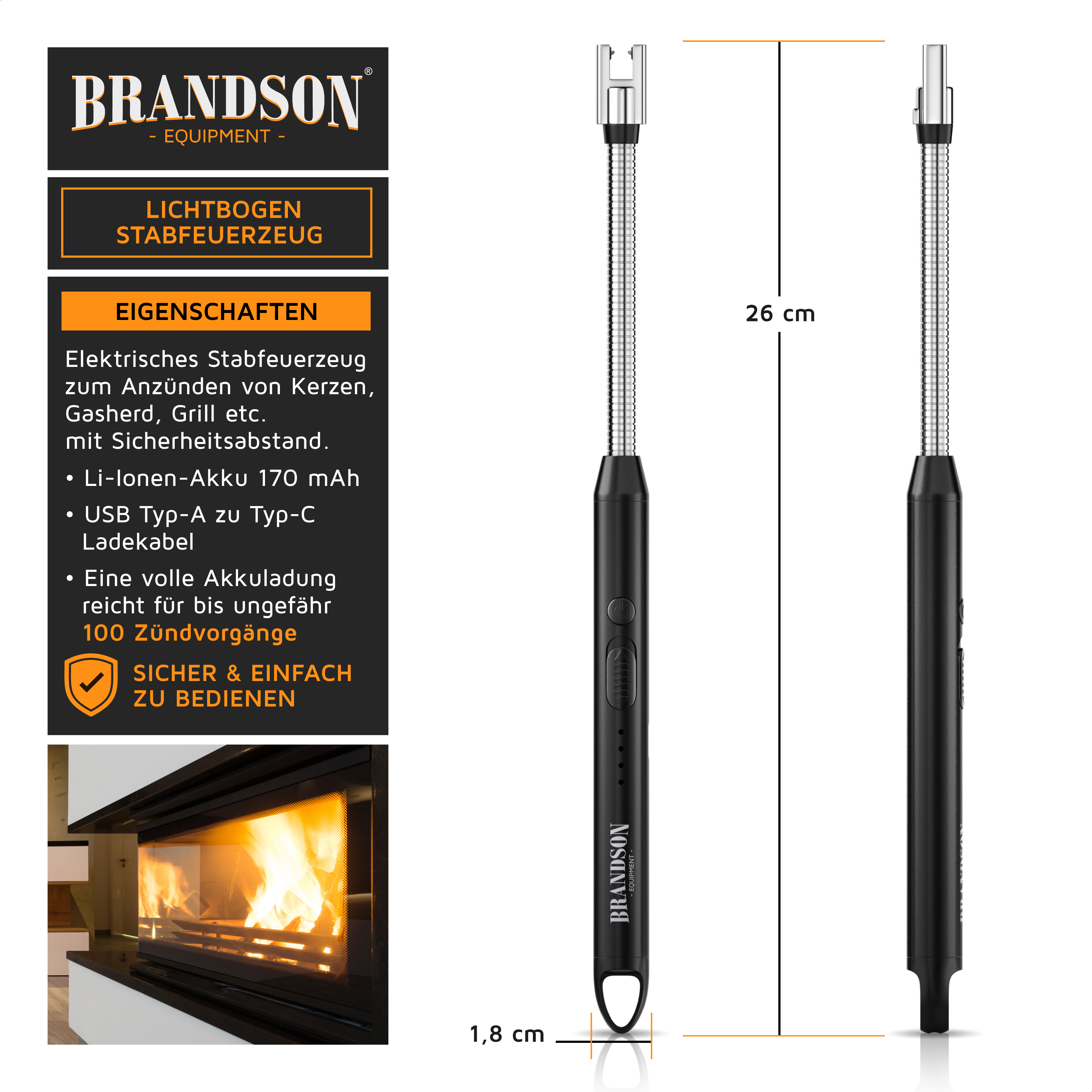 Brandson Lichtbogen-Stabfeuerzeug in Schwarz mit flexiblem, 26 cm langem Hals und Sicherheitsabstand für sicheres Anzünden.