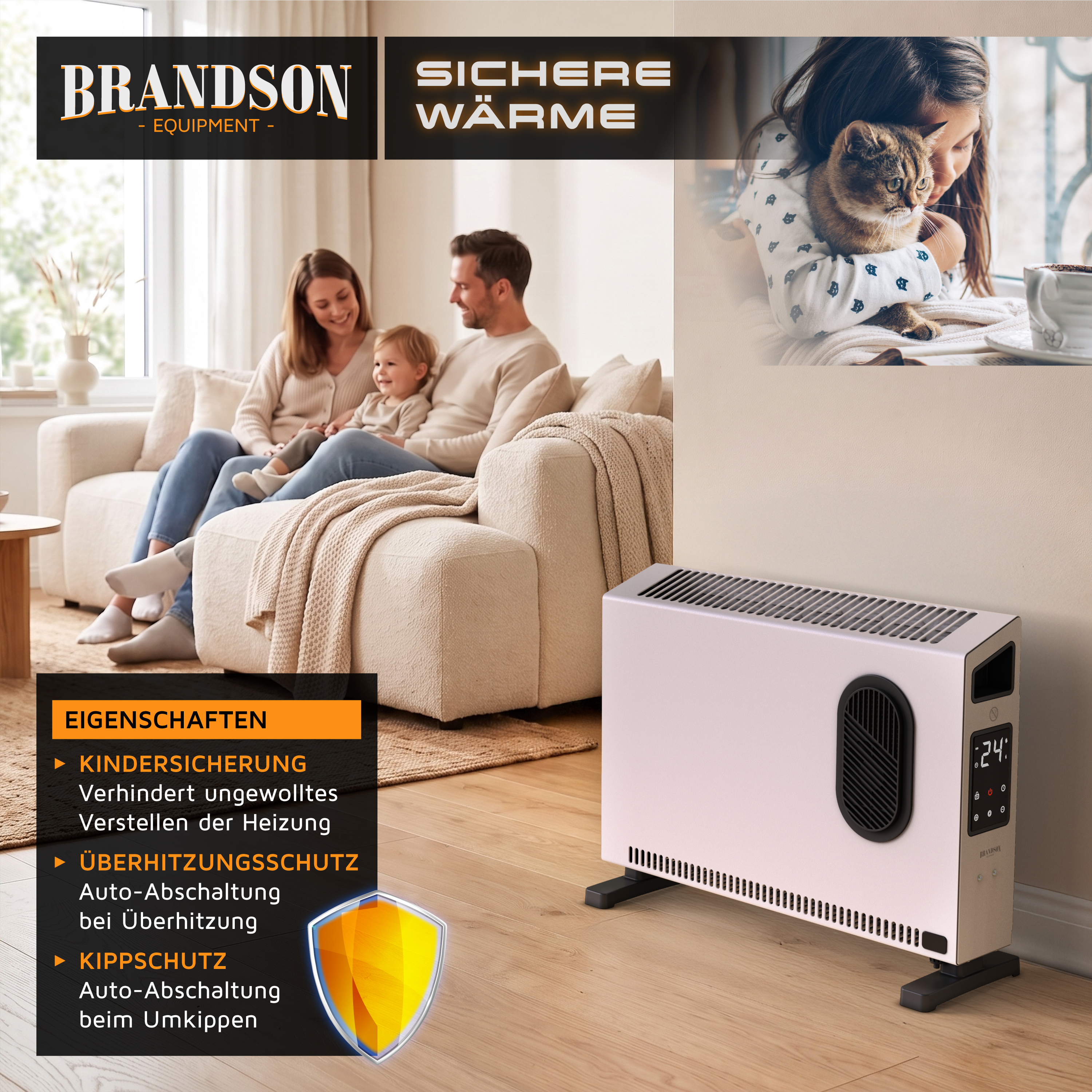 Brandson-Konvektionsheizgerät in Weiß mit schwarzem Bedienfeld und Digitalanzeige, platziert in einem gemütlichen Wohnzimmer mit einer Familie im Hintergrund.