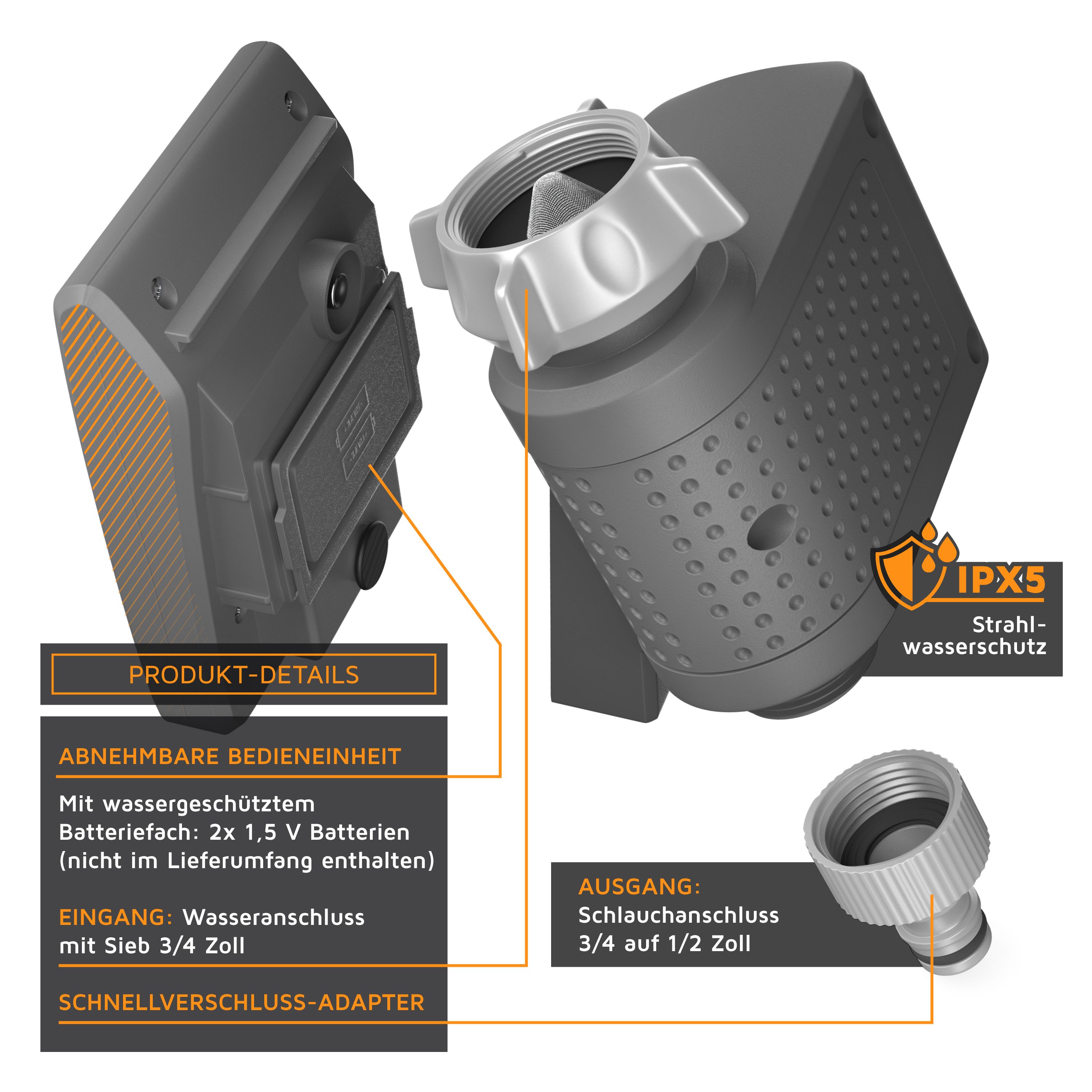Brandson Wasseranschlussadapter mit abnehmbarer Bedieneinheit, graues Gehäuse, IPX5 Strahlwasserschutz, Schnellverschluss und Schlauchanschluss.