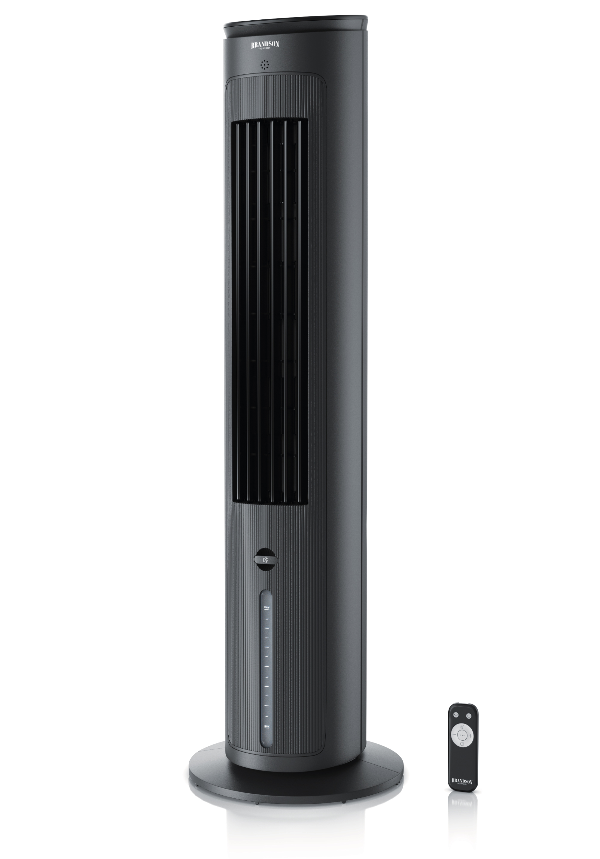 Brandson Turmventilator in Schwarz mit vertikalen Lamellen, Bedienfeld und Fernbedienung, konzipiert für eine effiziente Luftzirkulation.