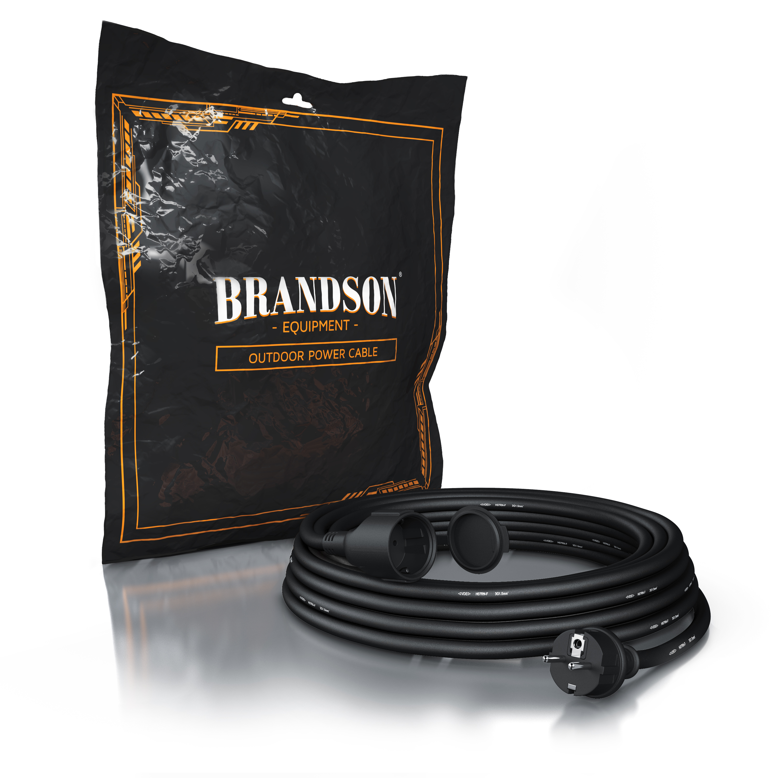 Brandson-Außenstromkabel in schwarzer Verpackung, bestehend aus einem Spiralkabel mit zwei Anschlüssen für den Außenbereich.