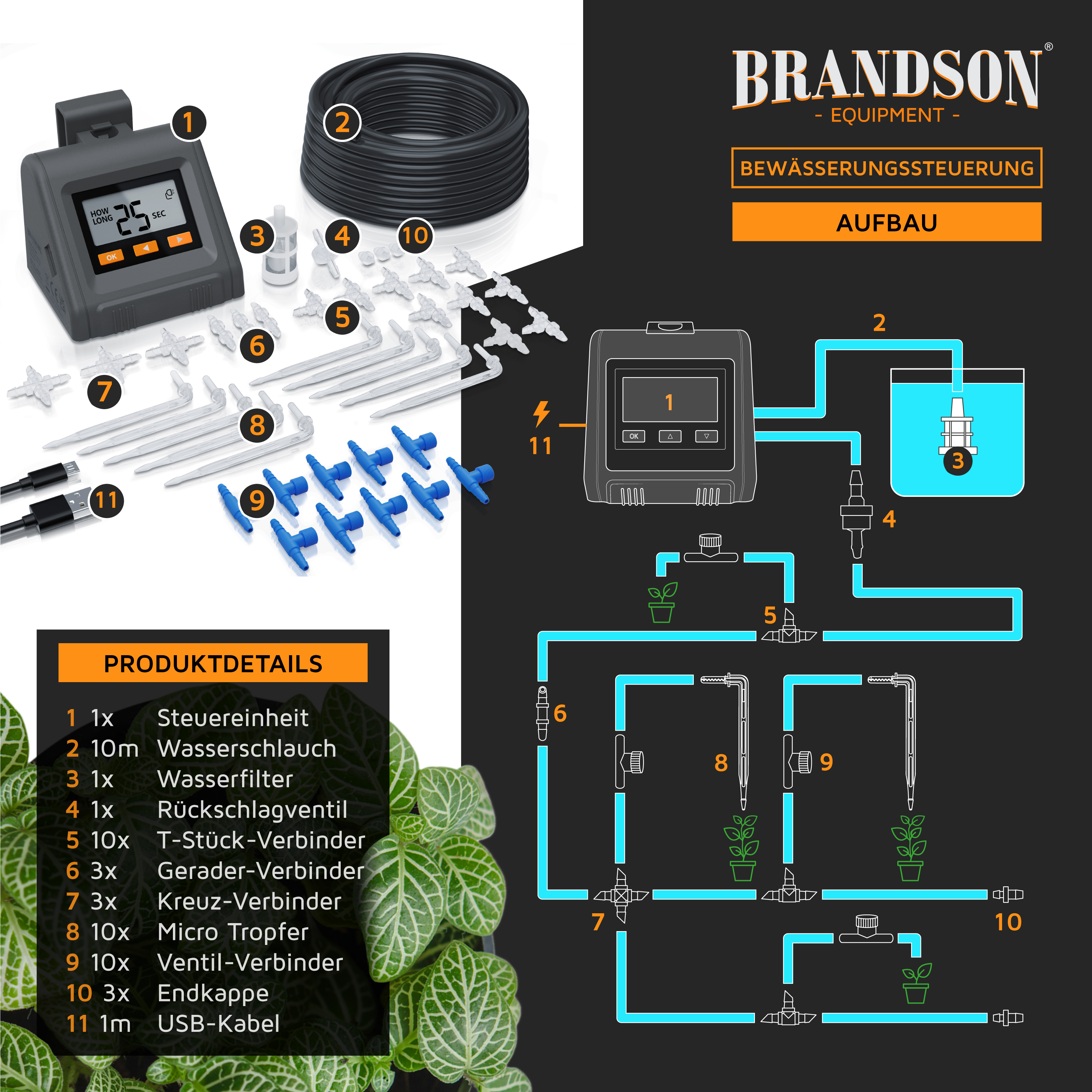 Brandson Bewässerungssteuerung mit Steuerungseinheit, Wasserschlauch, Wasserfiltern und verschiedenen Verbindern für die Gartenbewässerung.