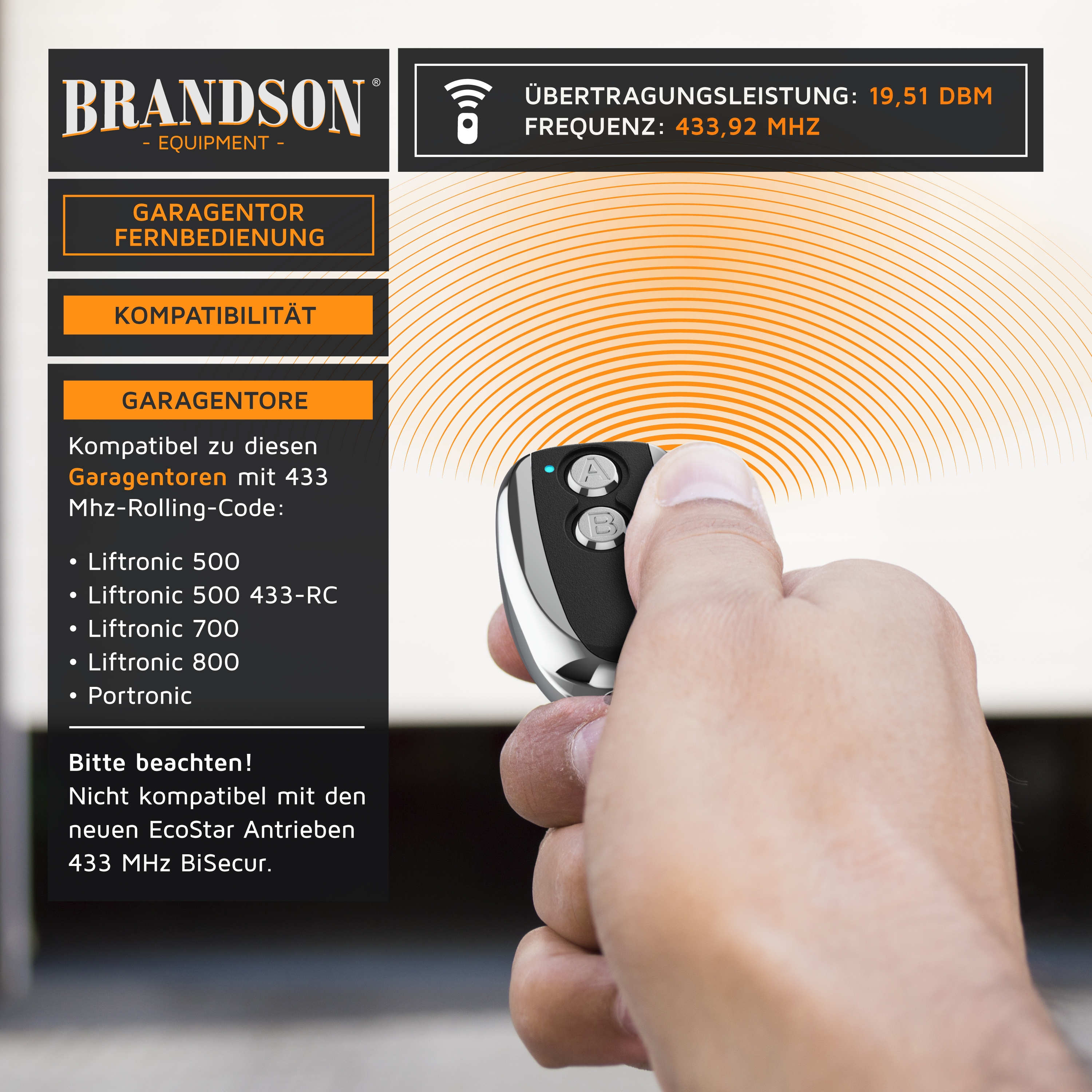 Brandson Garagentor Fernbedienung mit zwei Tasten und ergonomischem Design, in der Hand gehalten, zur Steuerung kompatibler Garagentore.