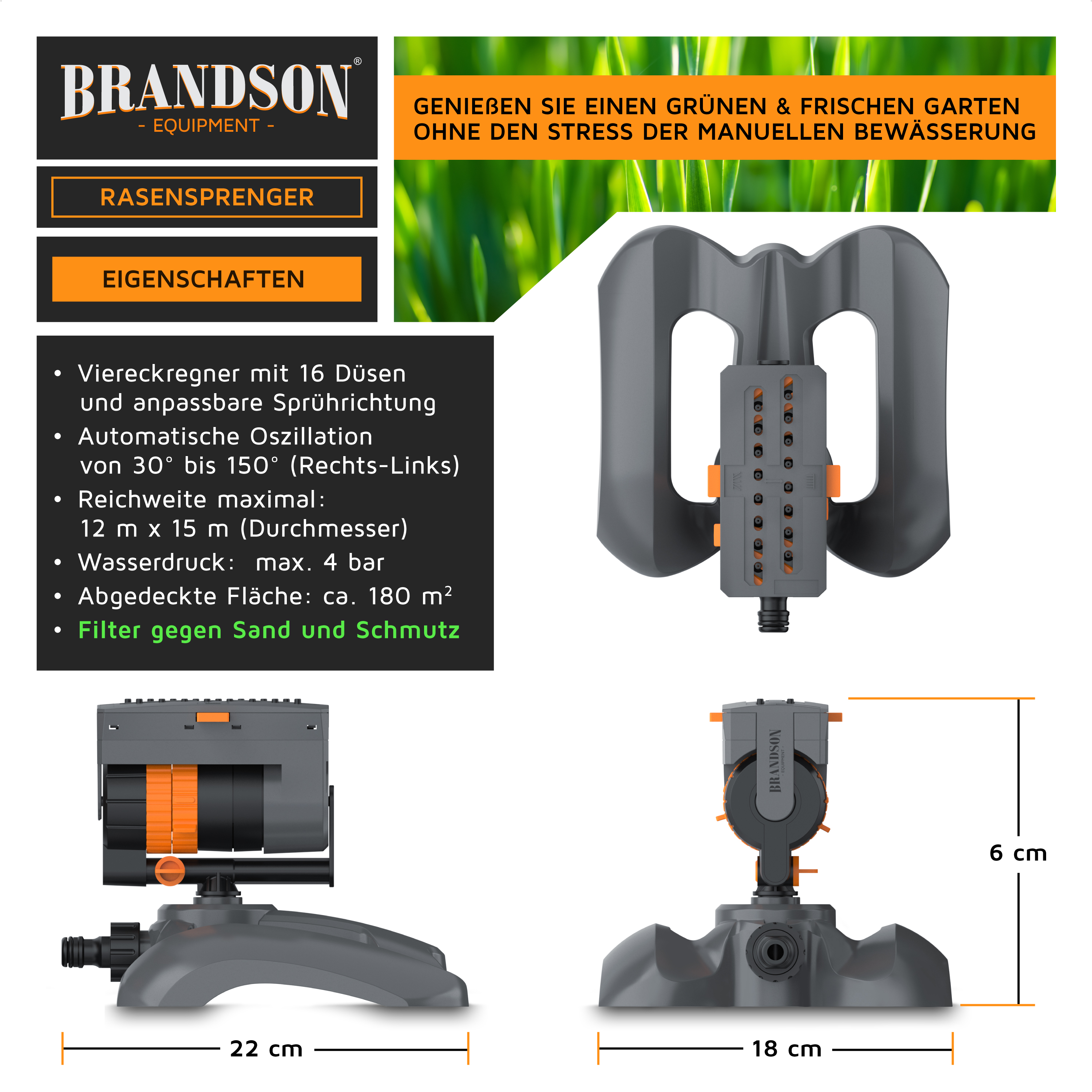 Brandson Rasensprenger mit 16 Düsen, automatischer Oszillation und Filter gegen Sand, in grauer Farbe mit orangefarbenen Akzenten.
