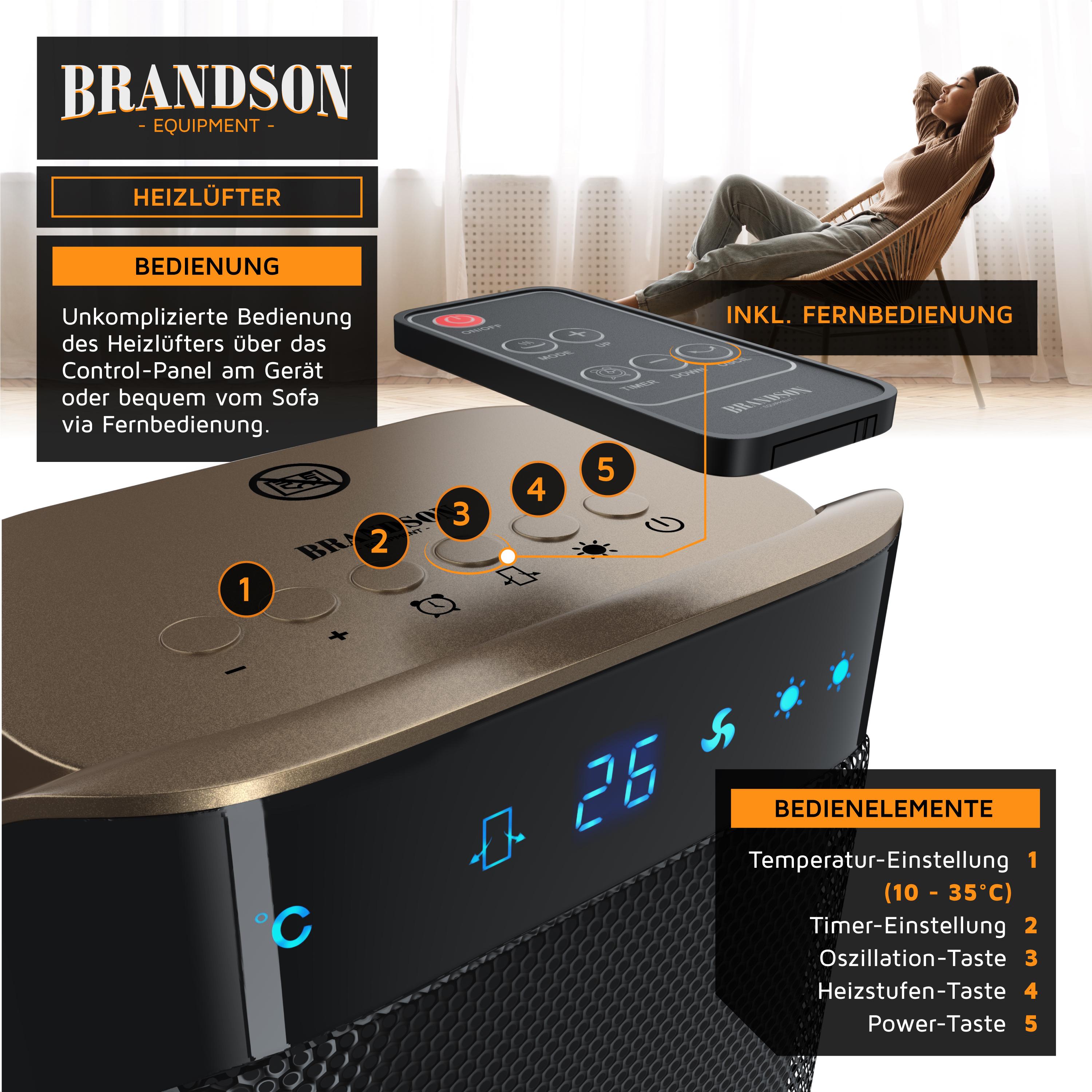 Brandson Heizlüfter mit goldfarbenem Oberteil, digitalem Display und Bedienfeld, inklusive Fernbedienung für einfache Steuerung.