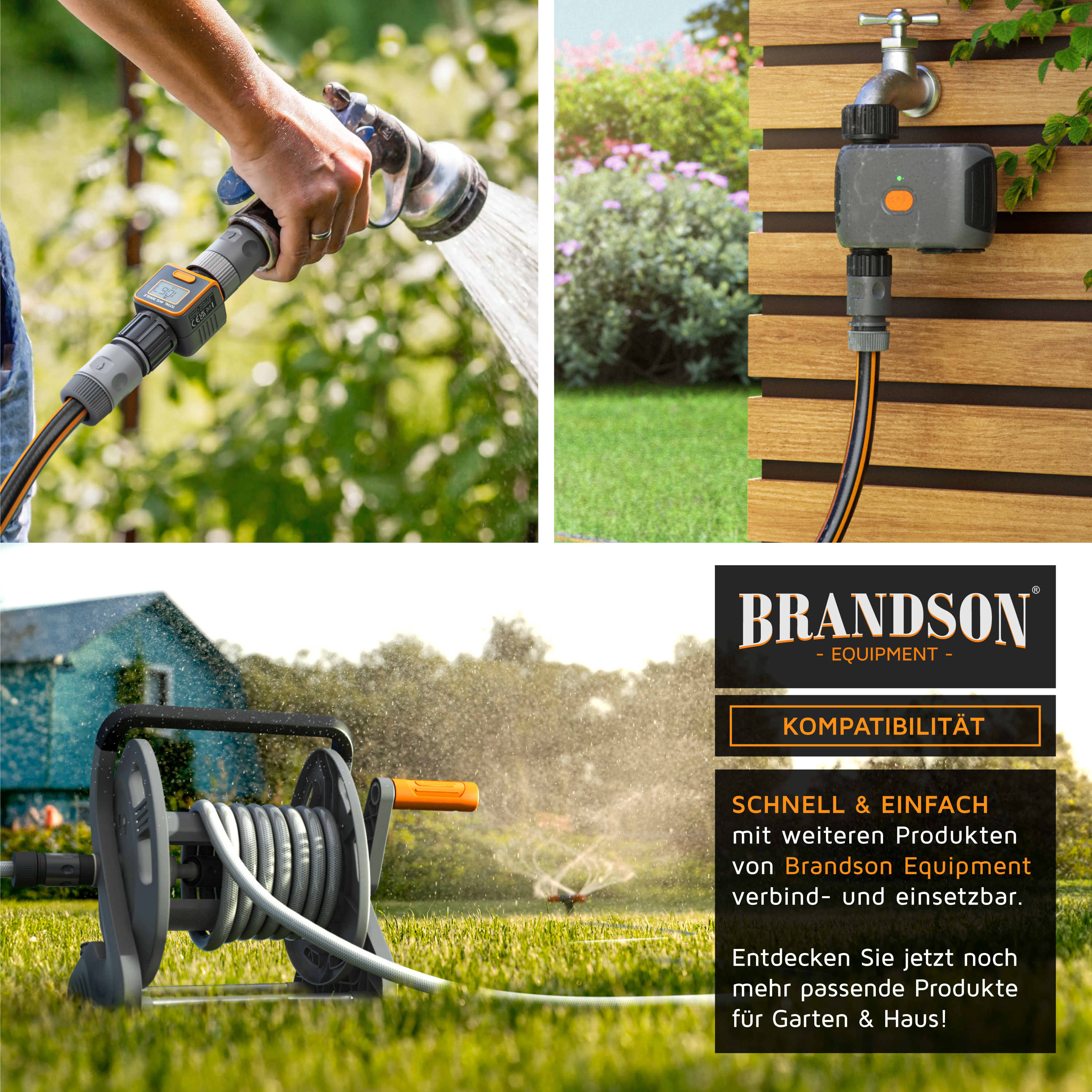 Brandson Gartenbewässerungssystem mit Sprühdüse und Schlauchaufroller in grauer und orangefarbener Ausführung, ideal für den Garten.