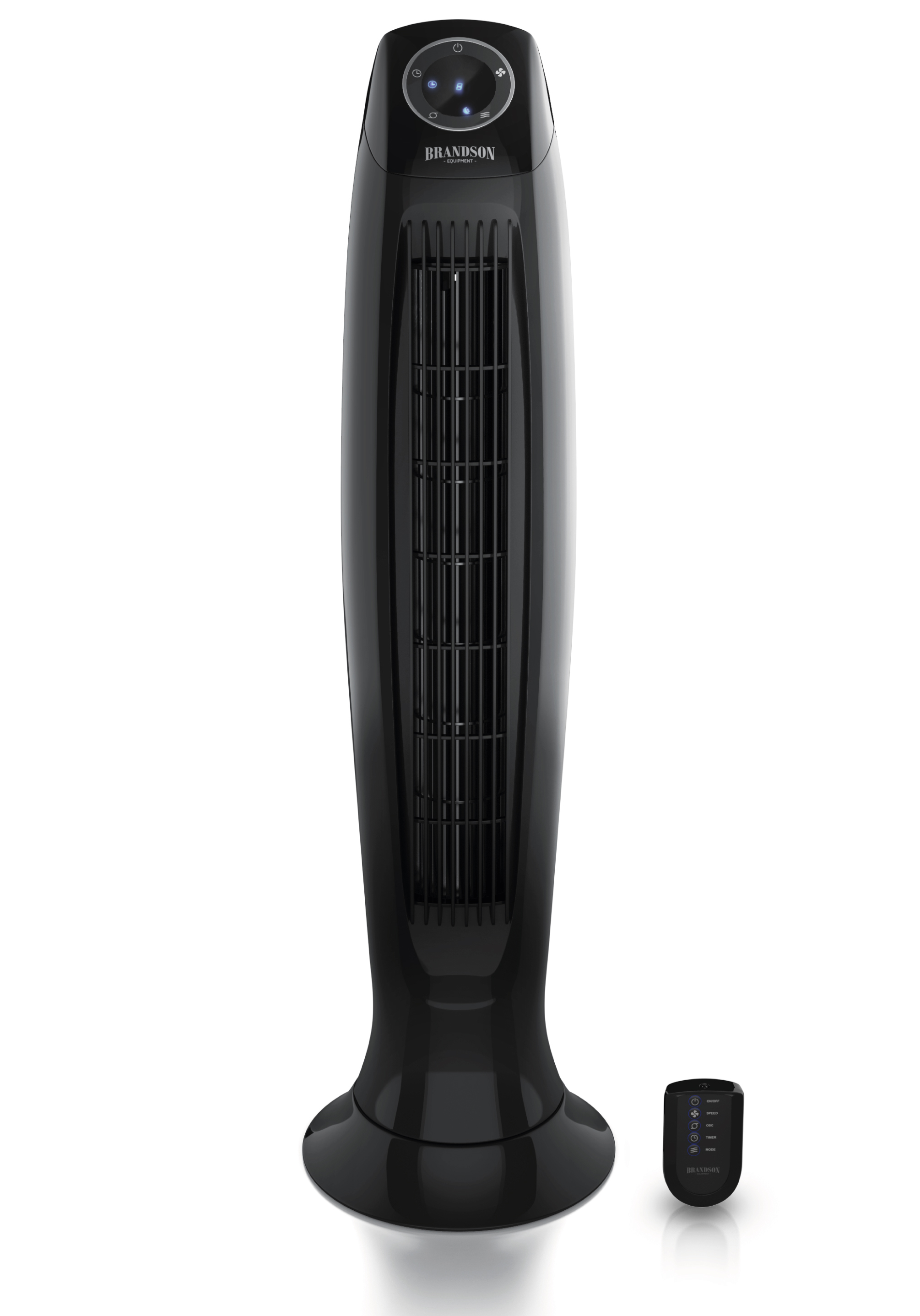 Brandson Turmventilator in Schwarz mit elegantem Design, einem Bedienfeld und einer Fernbedienung für eine einfache Bedienung.