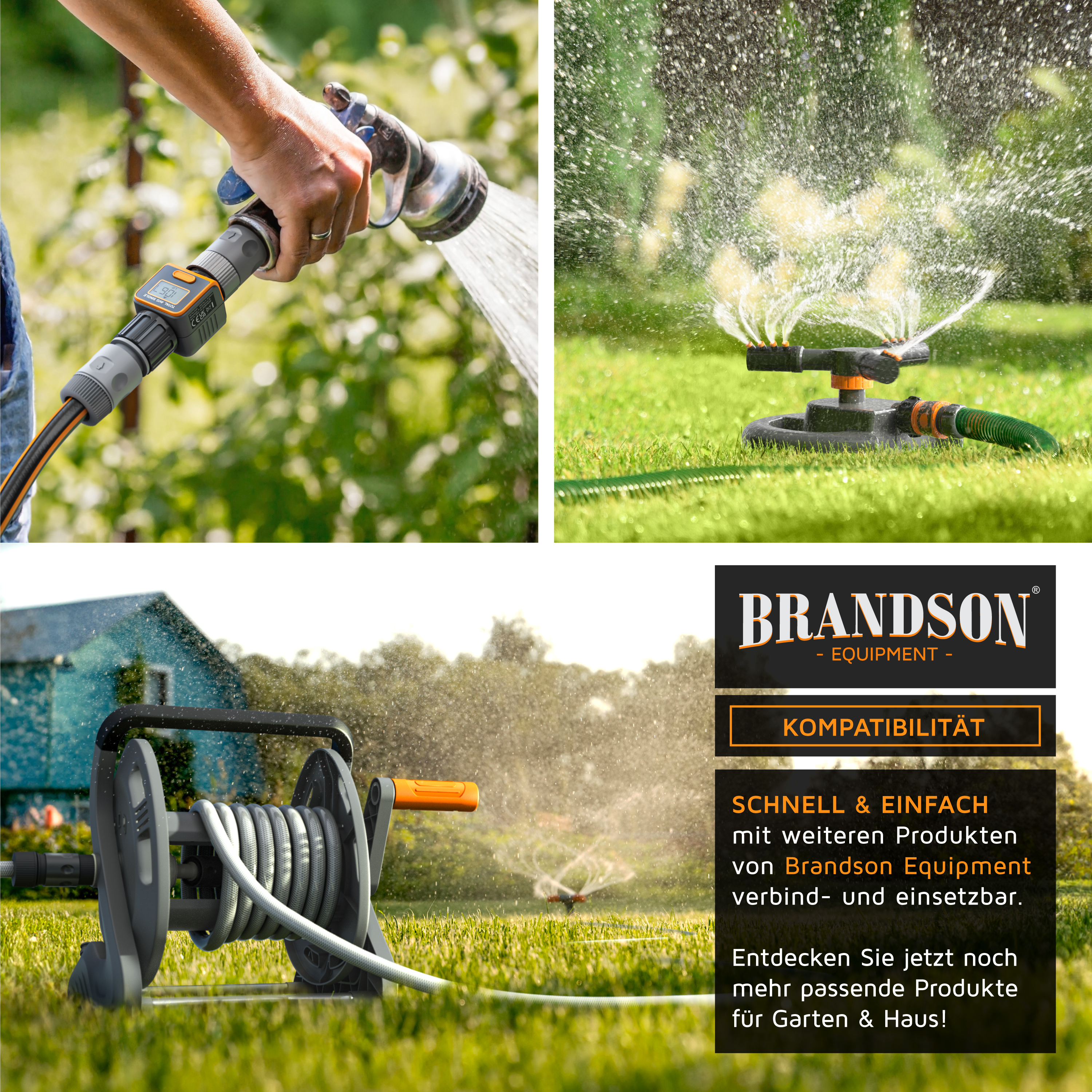 Brandson Gartenbewässerungssystem mit Sprinkler, Schlauch und Handgriff, ideal für die Bewässerung von Rasenflächen.