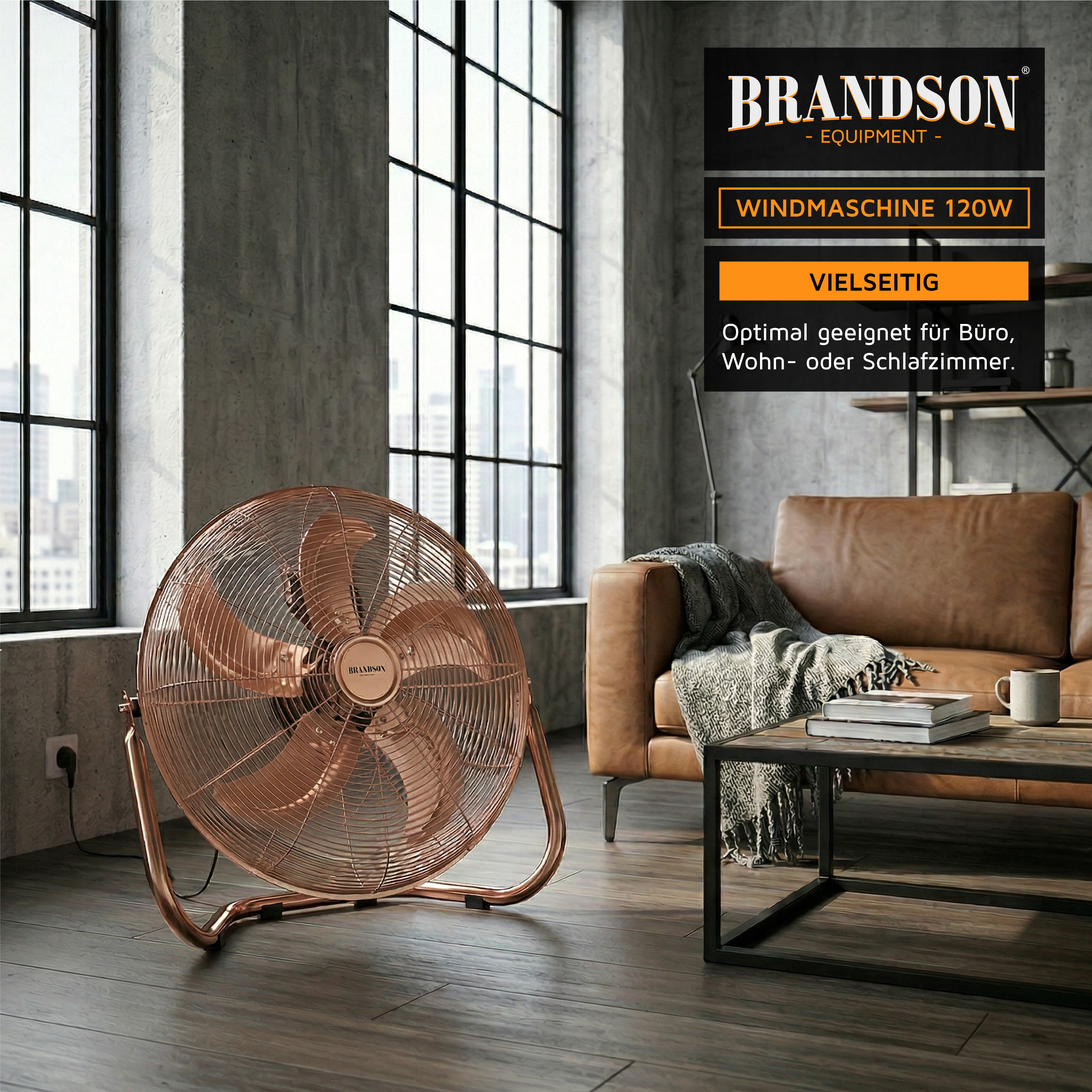 Brandson-Windmaschine mit Kupferoberfläche, stabilem Ständer und sichtbaren Ventilatorflügeln, platziert in einem modernen Wohnraum.