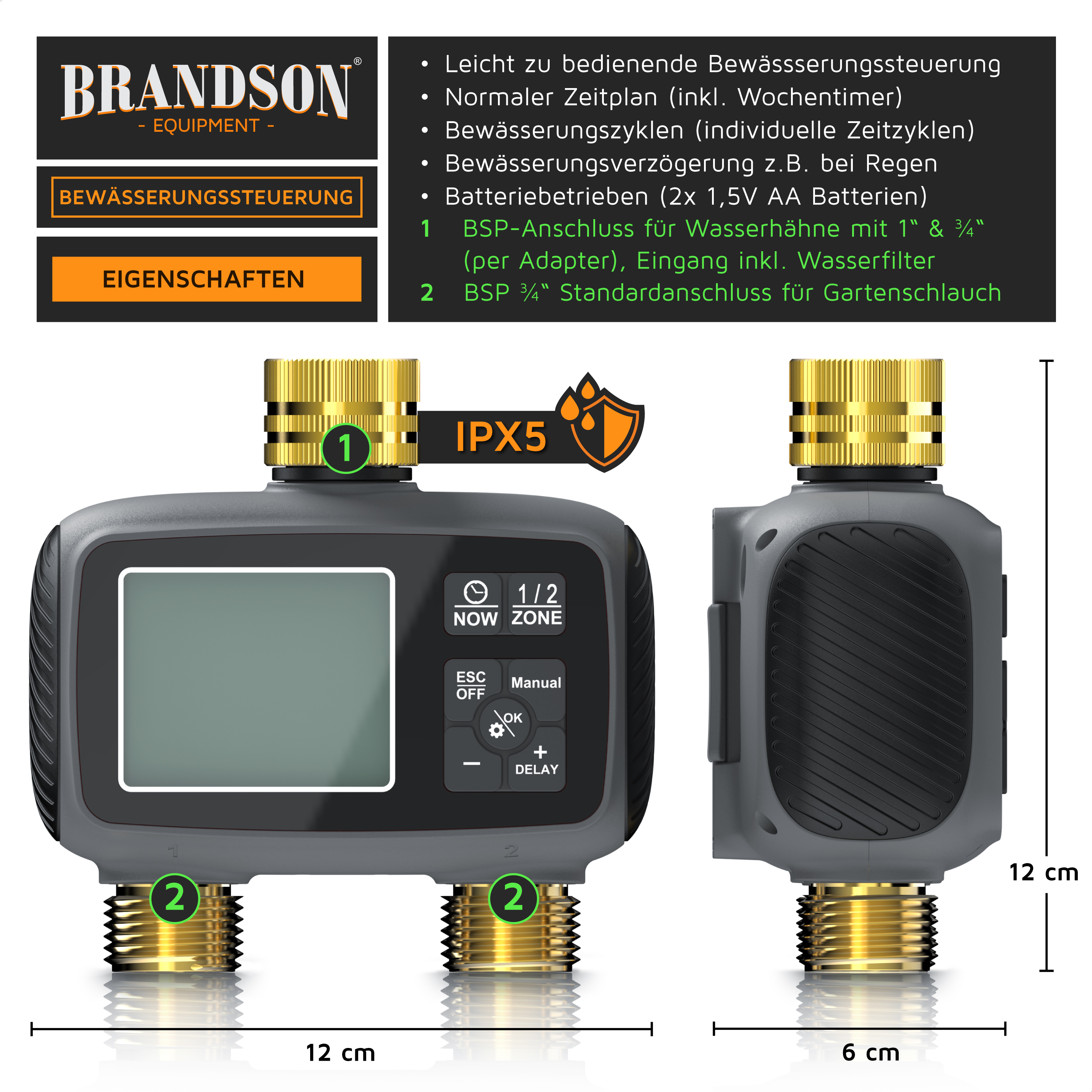 Brandson Bewässerungssteuerung mit digitalem Display, zwei Anschlüssen und IPX5-Schutz, ideal für die Gartenbewässerung.