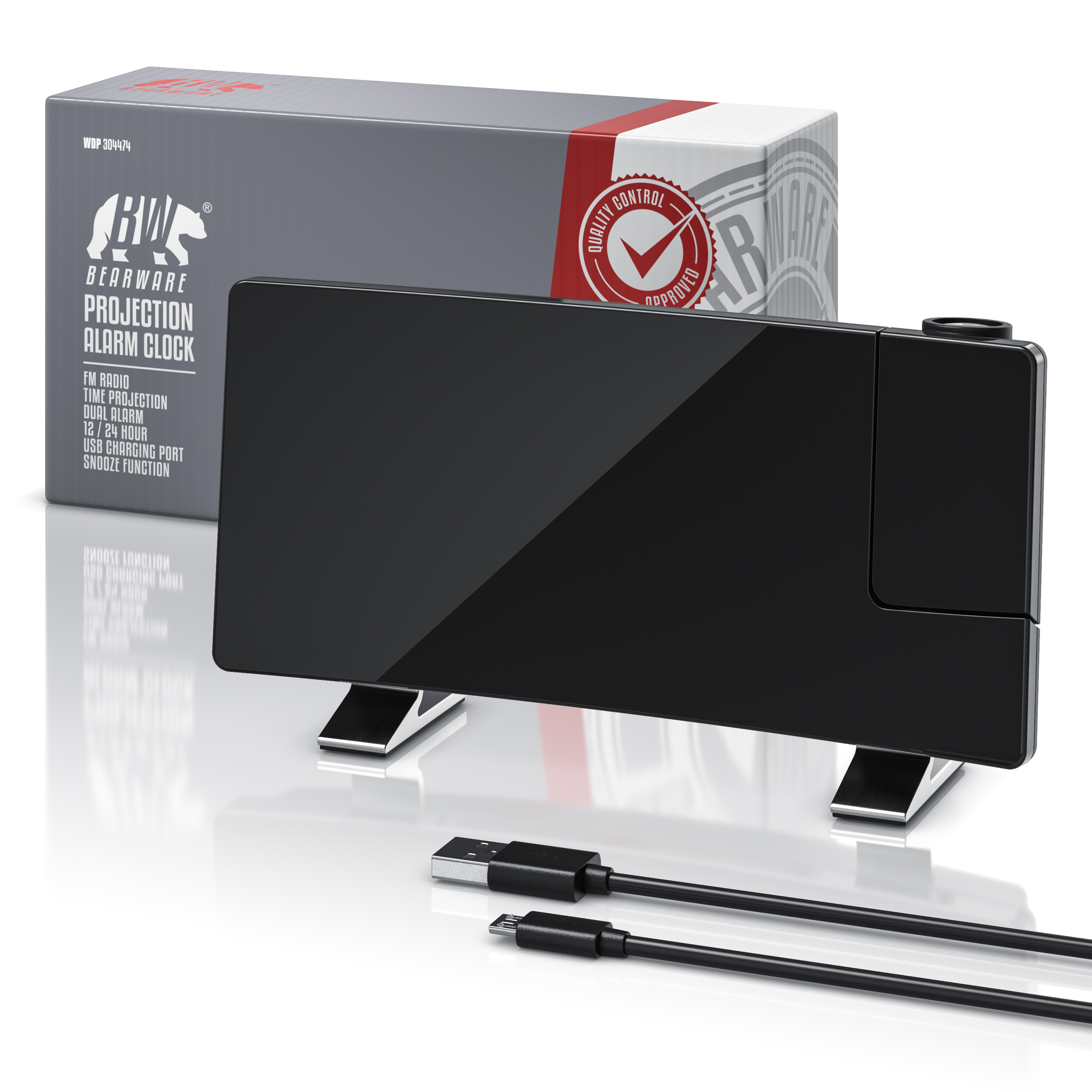 Brandson-Projektionswecker im eleganten schwarzen Design mit Doppelalarmfunktion, USB-Ladeanschluss und UKW-Radio, inklusive Verpackung.