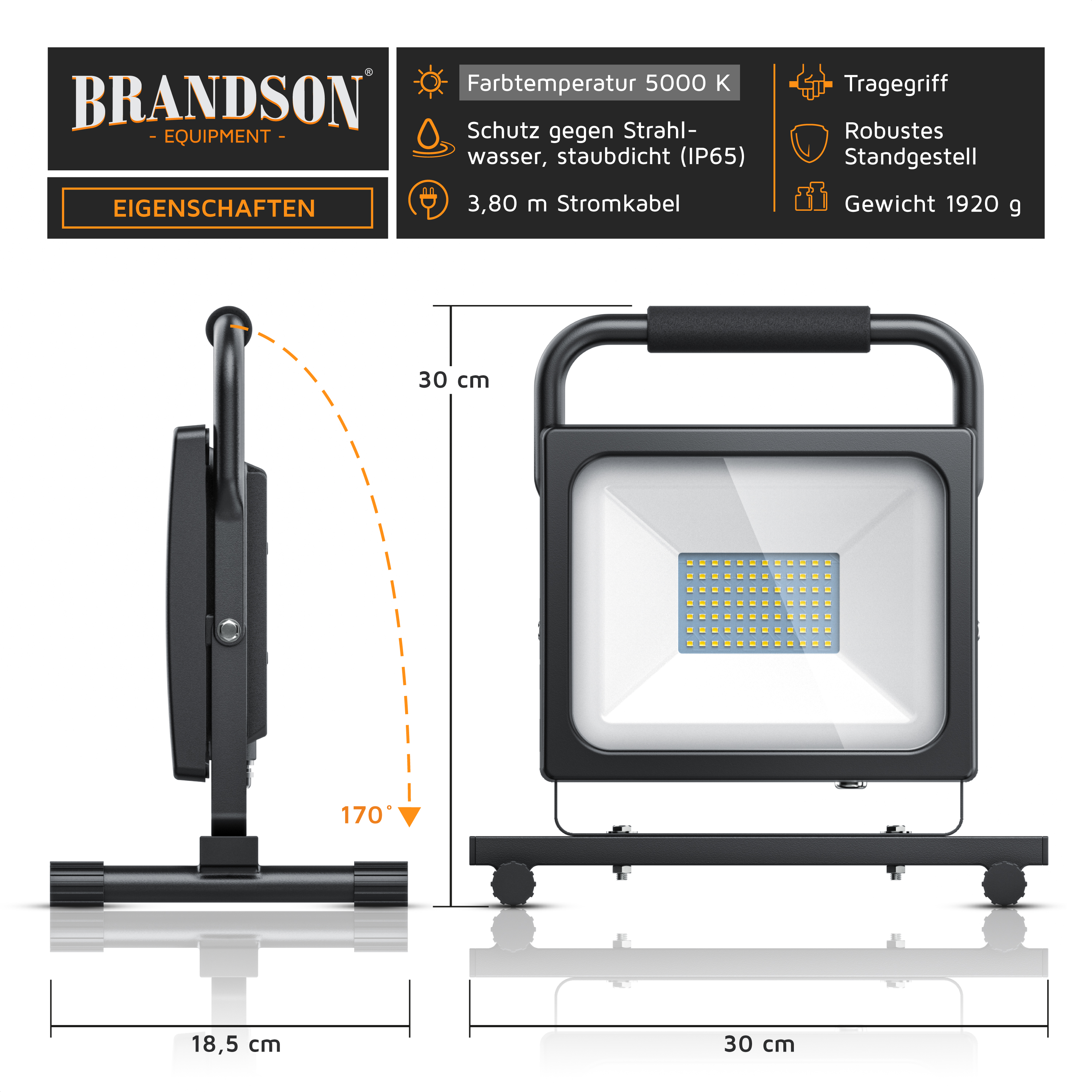 Brandson LED-Bauleuchte mit stabilem Ständer, Tragegriff und IP65-Wasser- und Staubbeständigkeit, 30 cm hoch.