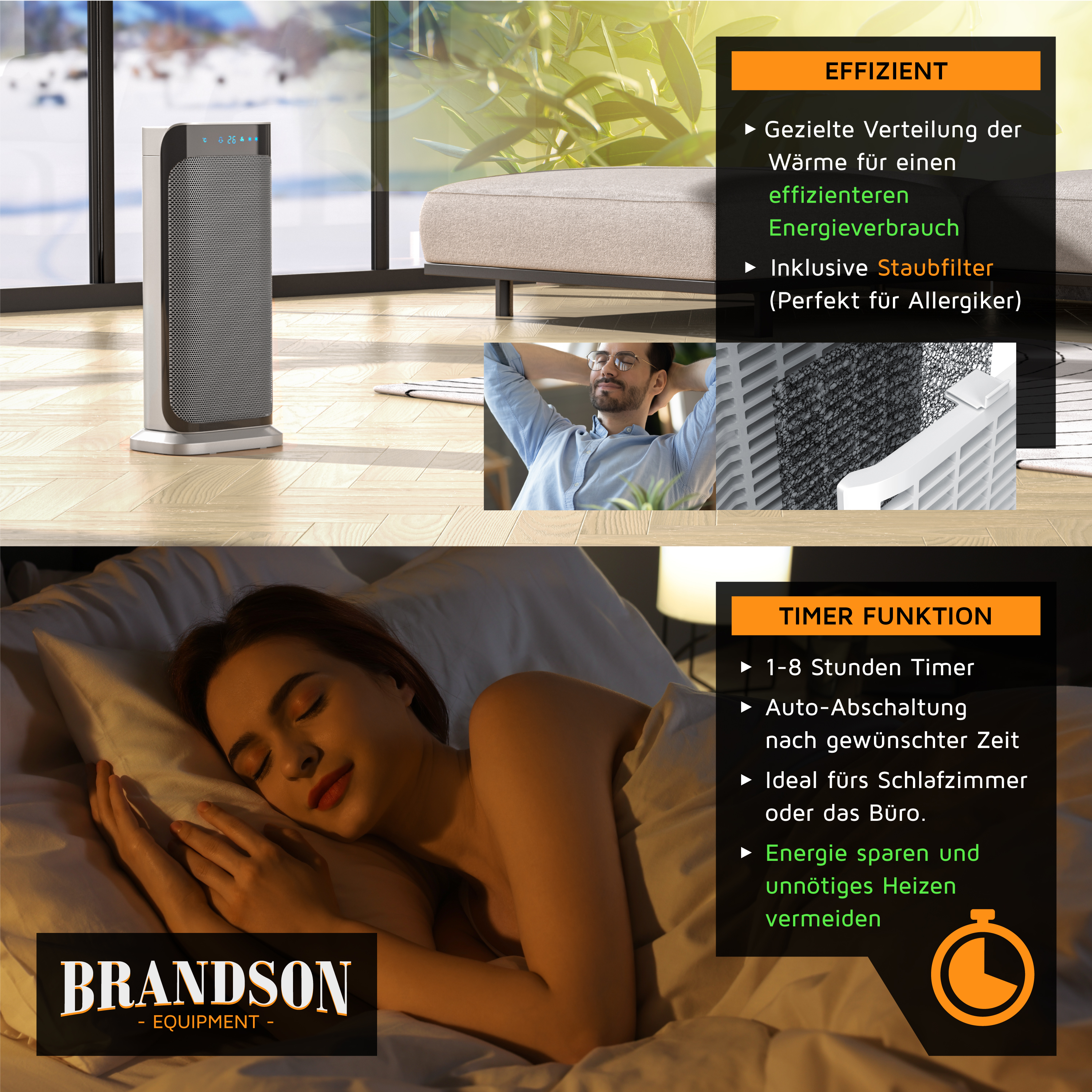 Brandson Heizlüfter mit schlanker Bauform, grauer Oberfläche, Bedienfeld und Timer-Funktion, ideal für Schlafzimmer oder Büro.