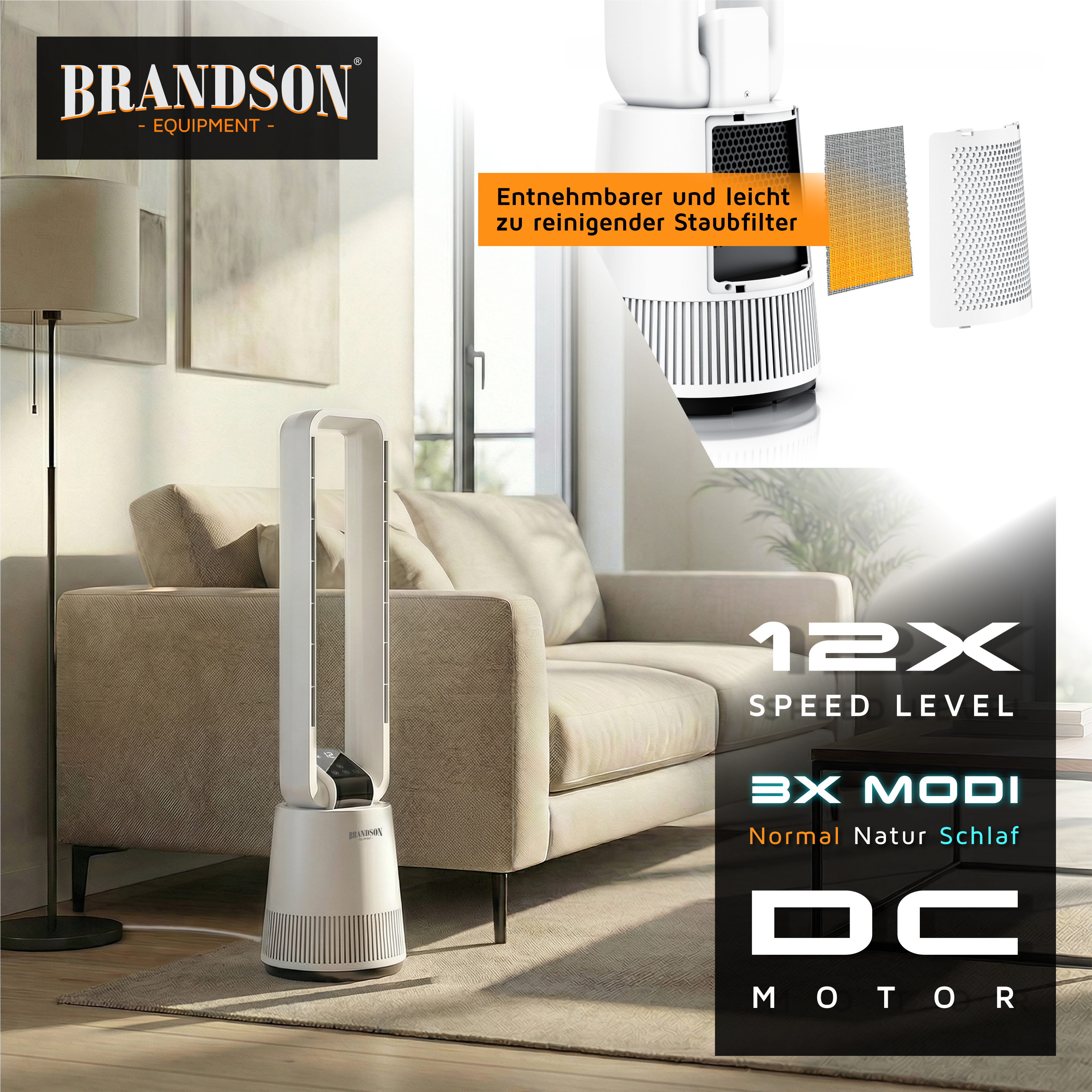 Brandson-Turmventilator in einem modernen Wohnzimmer mit elegantem weißem Design, abnehmbarem Staubfilter und Bedienfeld.