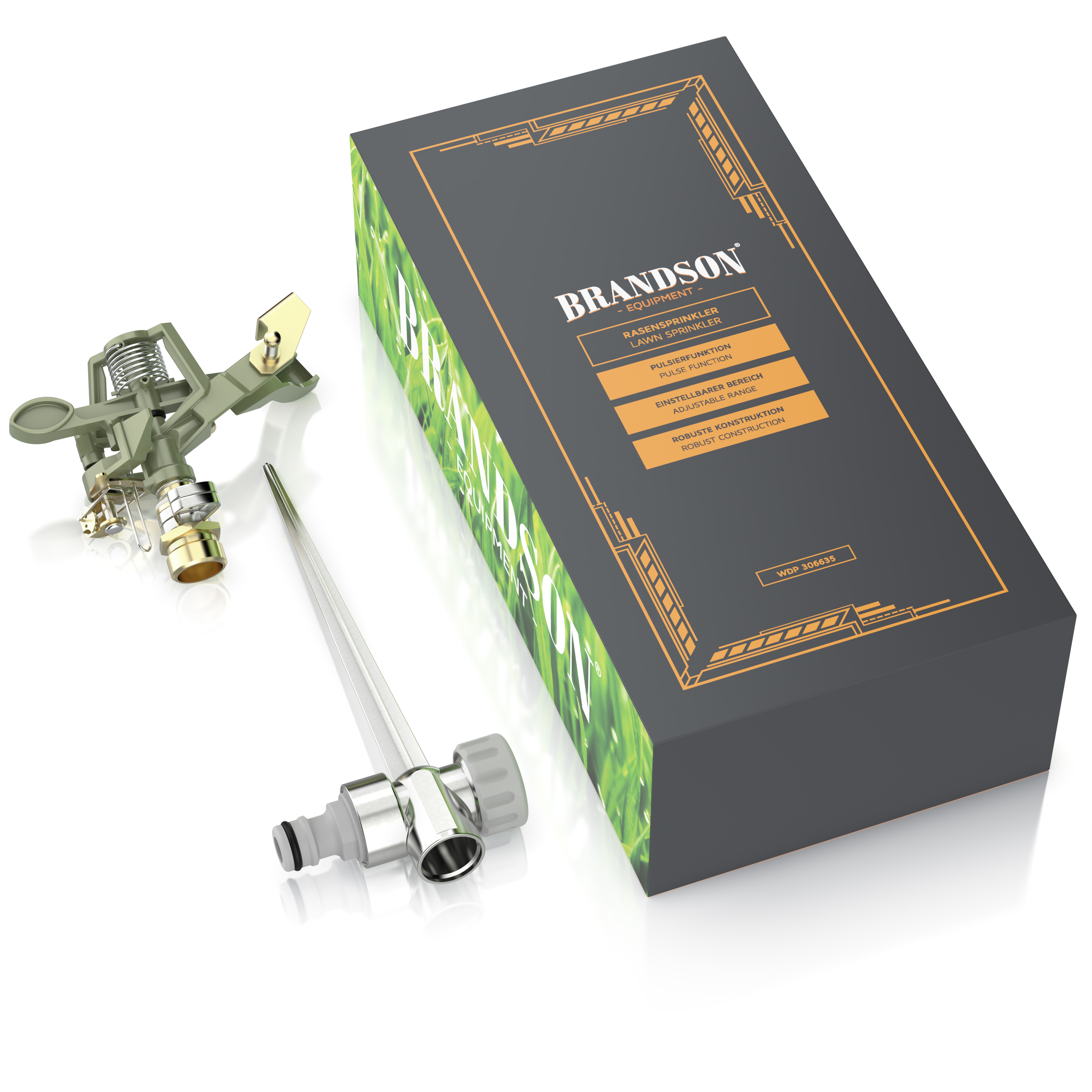Rasensprenger von Brandson mit verstellbarer Düse und robuster Konstruktion, zusammen mit einer Verpackung mit Produktdetails.