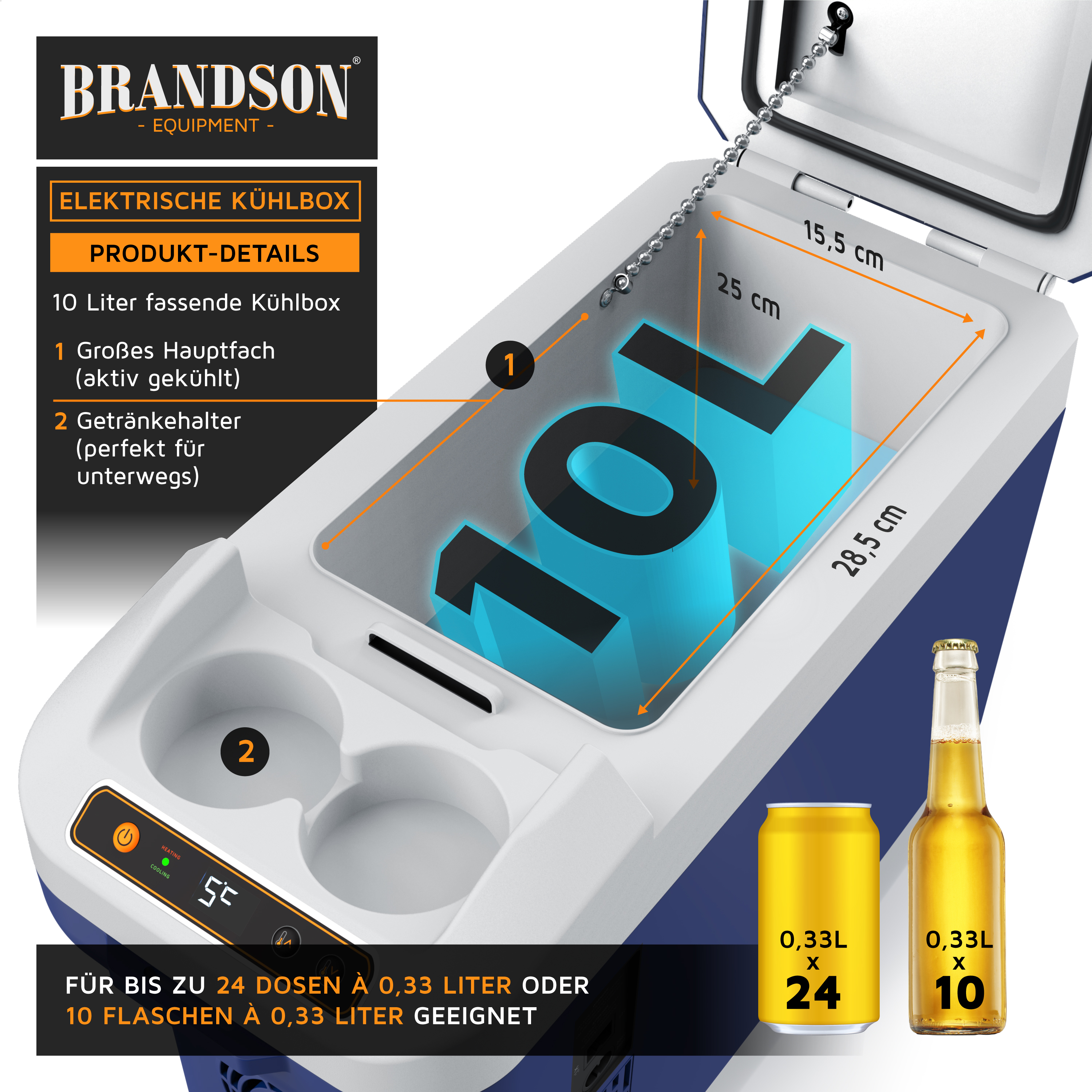 Elektrische Kühlbox von Brandson mit 10 Liter Fassungsvermögen, großem Kühlfach, Getränkehalter und Bedienfeld.