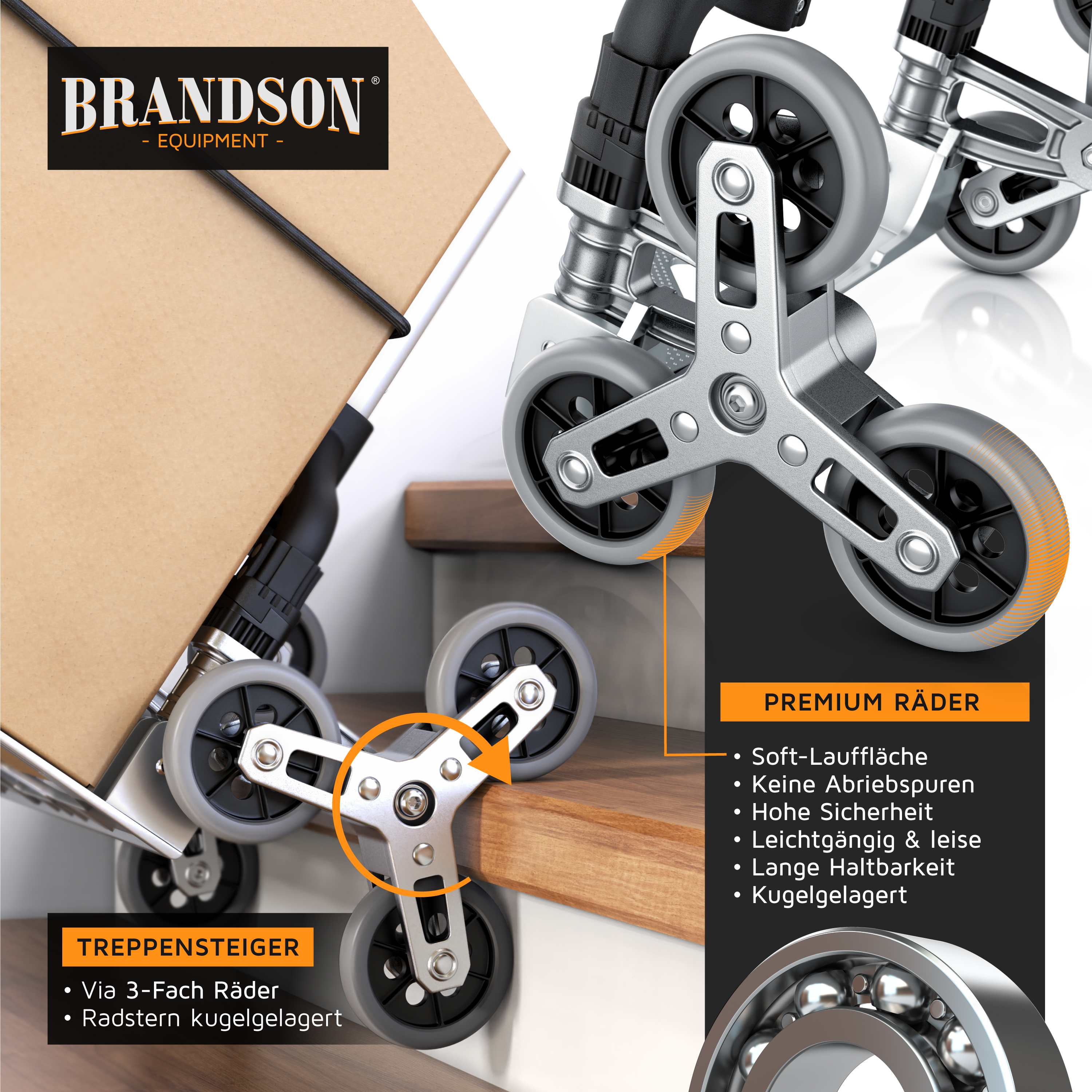 Brandson Treppensteiger mit kugelgelagerten Premium-Rädern, ideal für das Transportieren von Lasten auf Treppen.