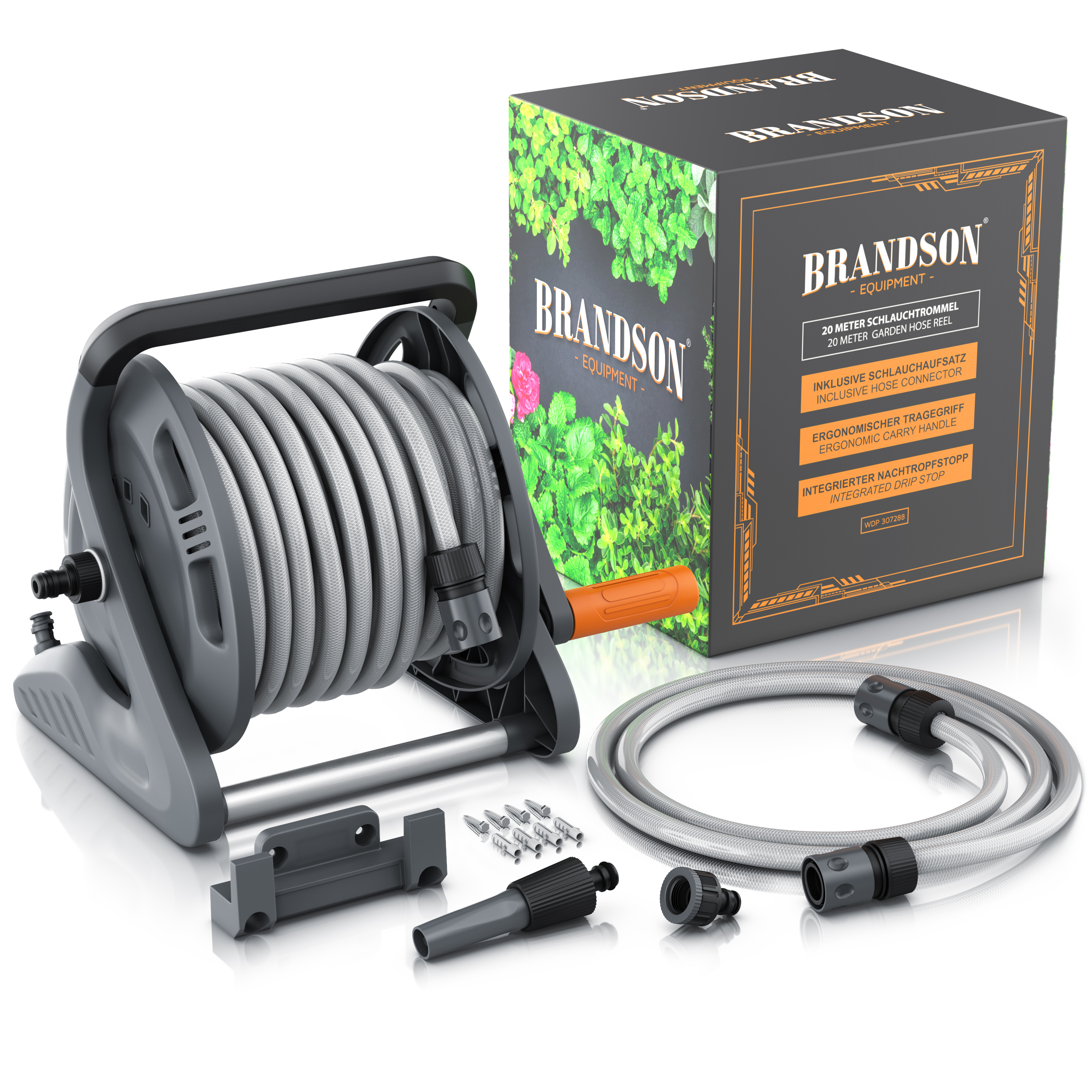 Gartenschlauchtrommel von Brandson mit 20 Metern Schlauch, ergonomischem Tragegriff und verschiedenen Anschlüssen, verpackt in einer farbenfrohen Box.