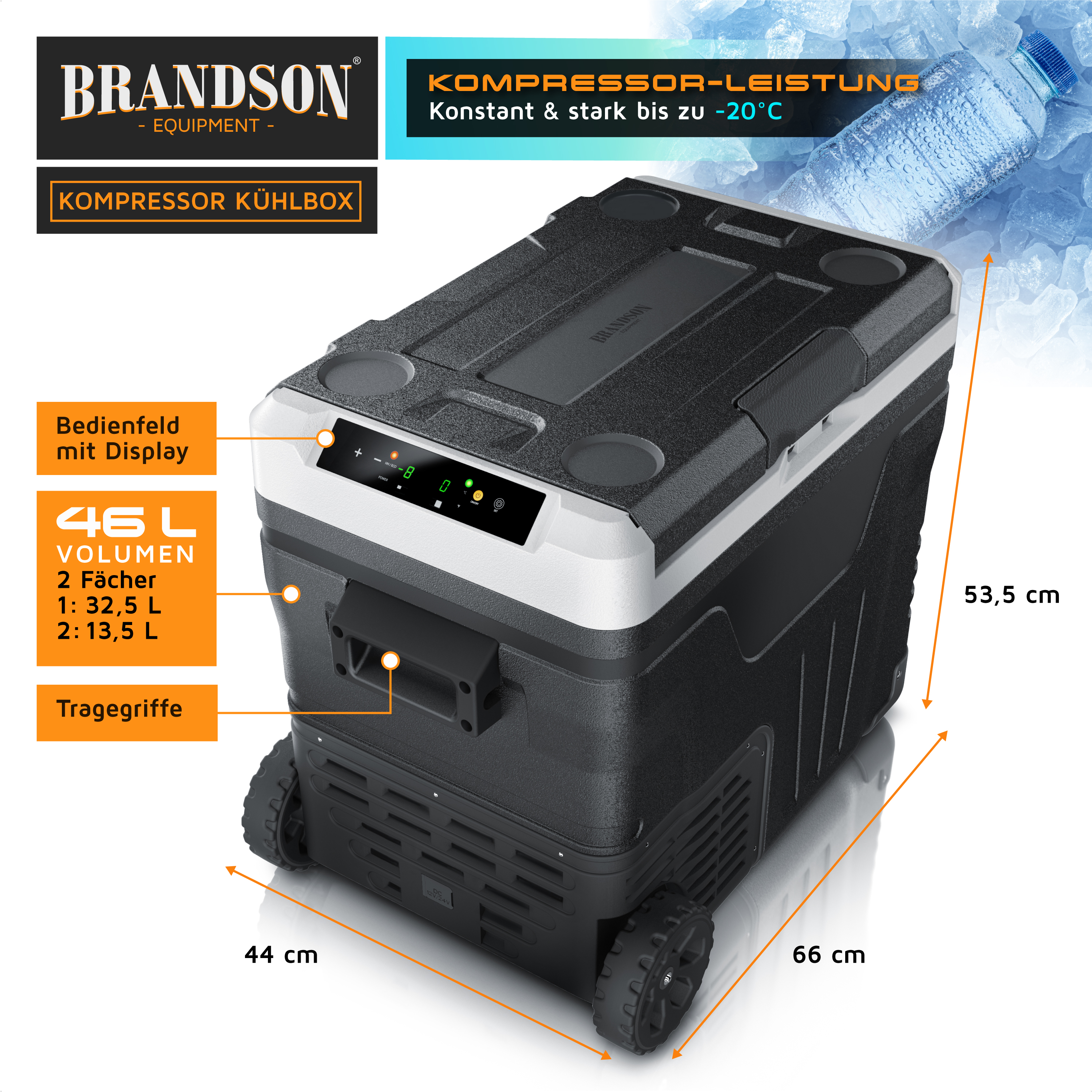 Brandson Kompressor Kühlbox mit zwei Fächern, Display, gegriffen und Rollen, in Schwarz und Grau, ideal für den Einsatz unterwegs.