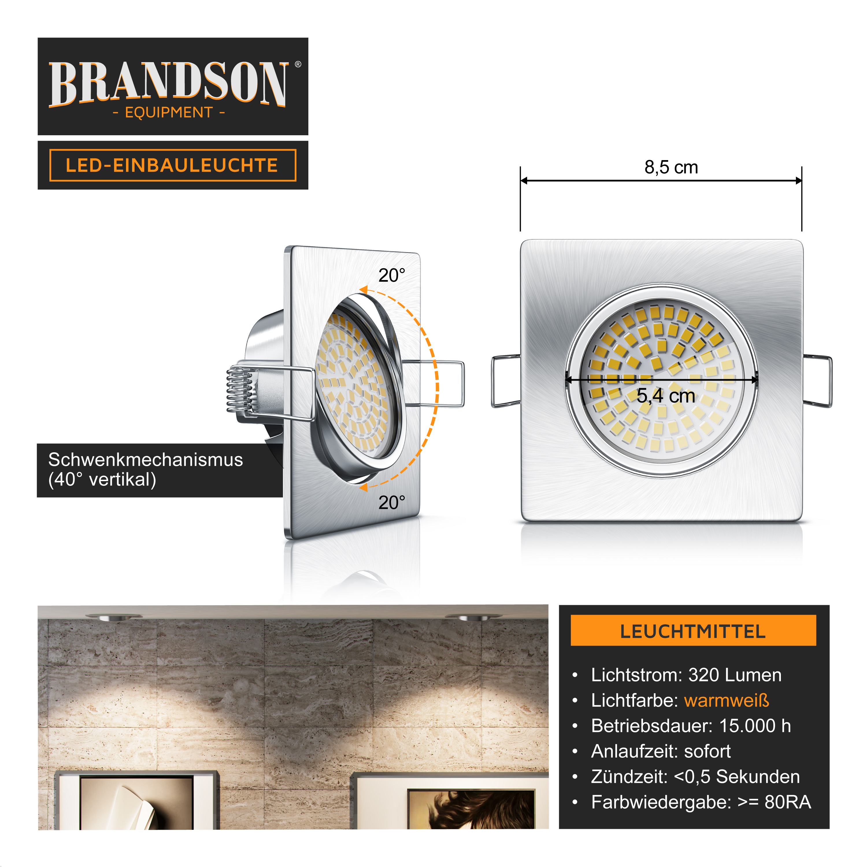 Brandson LED Einbauleuchte mit schwenkbarem Mechanismus, quadratischer Form, silbernem Gehäuse und warmweißem Licht.