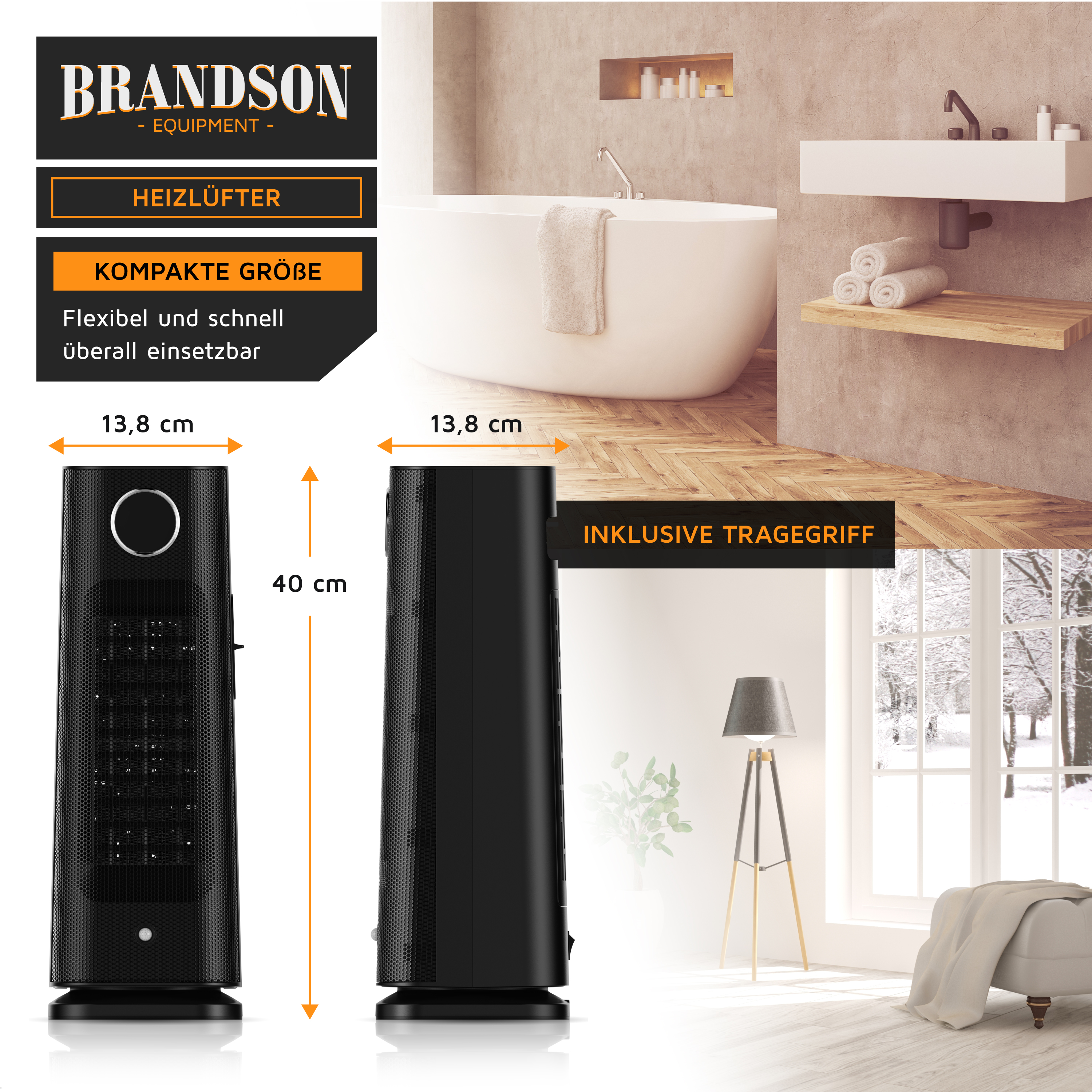 Brandson Heizlüfter in kompakter Bauform, schwarz, mit Tragegriff und Bedienfeld, ideal für den flexiblen Einsatz im Wohnraum.