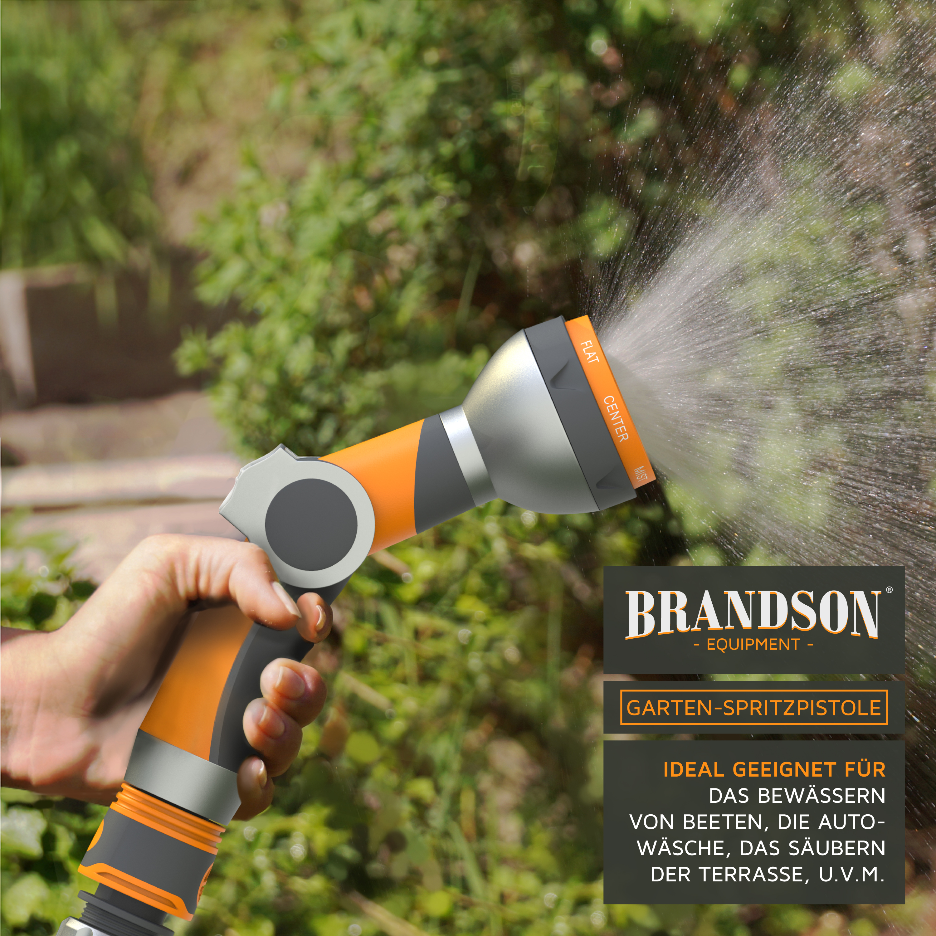 Brandson-Gartenspritzpistole mit ergonomischem Griff, orangefarbenen Akzenten und einstellbaren Sprüheinstellungen zur Bewässerung von Pflanzen.